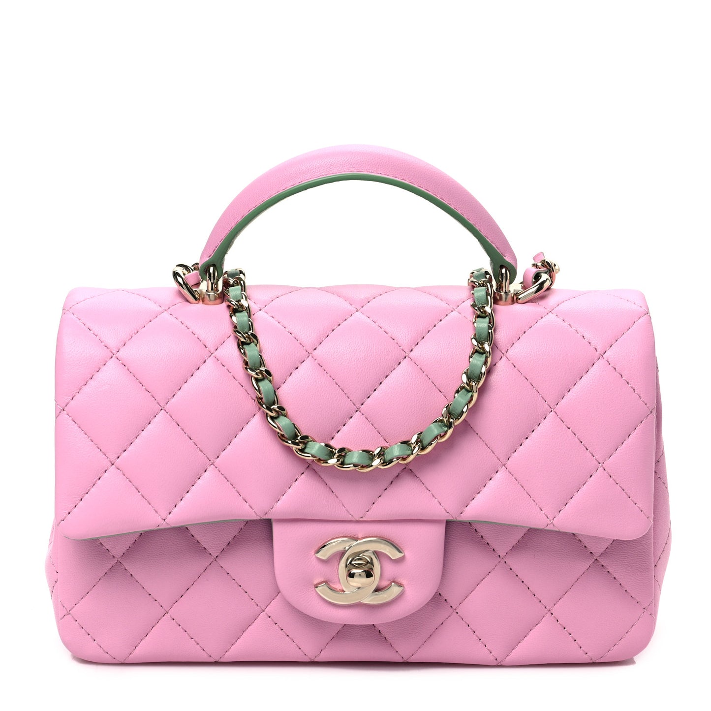 Lambskin Quilted Mini Top Handle Rectangular Flap Lilac Light Green