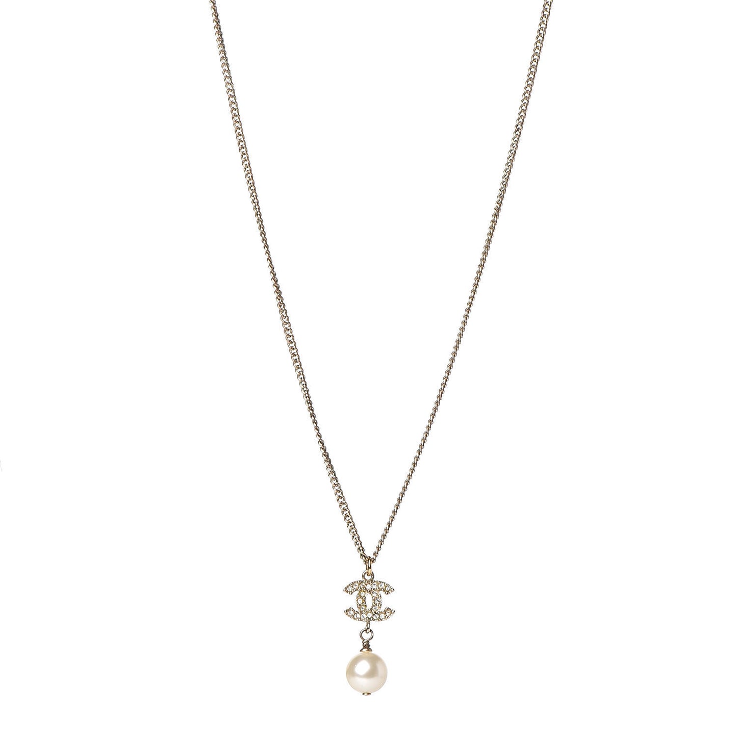 Crystal Pearl CC Drop Necklace Gold