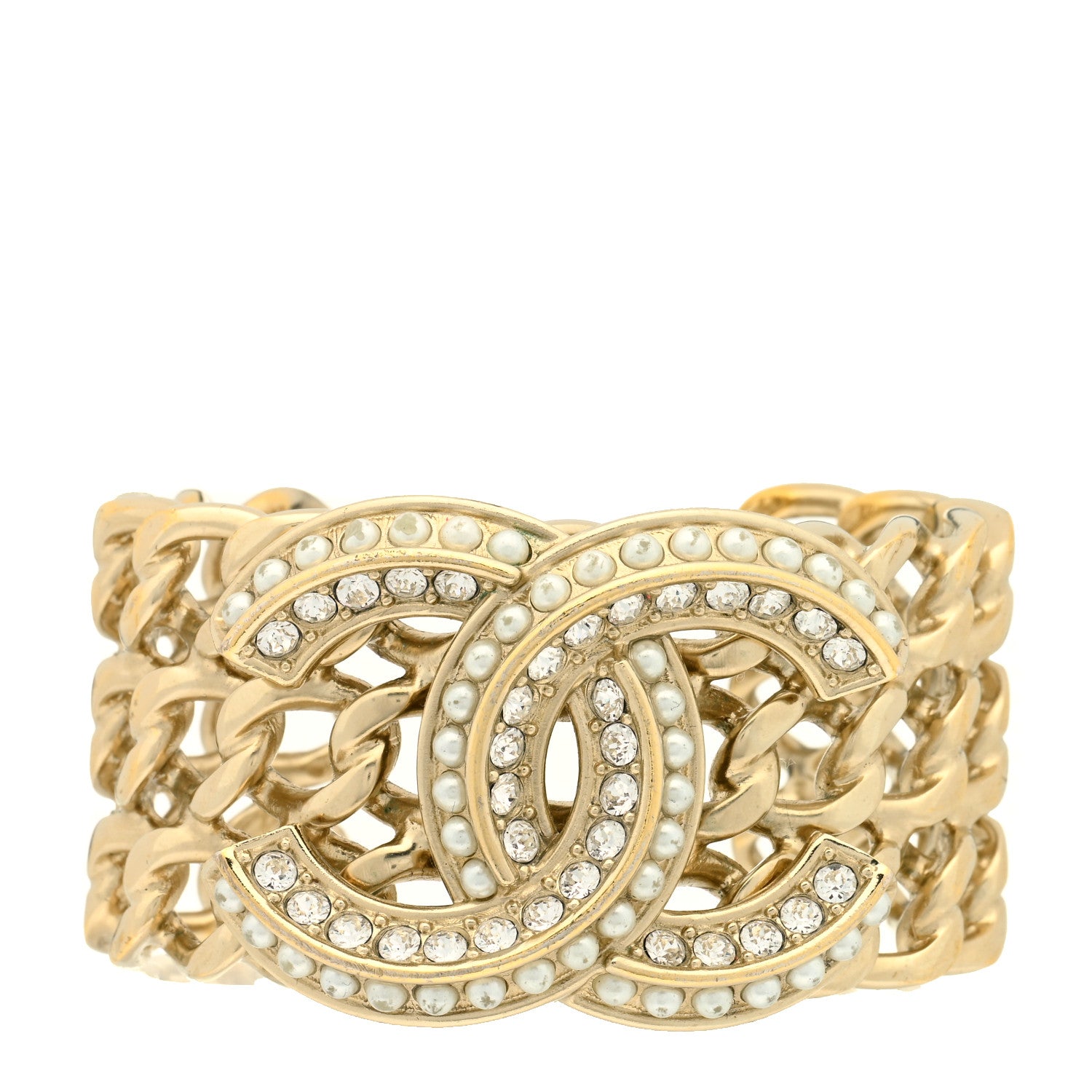 Chanel Crystal Pearl Chain CC Cuff Gold 1 of 3