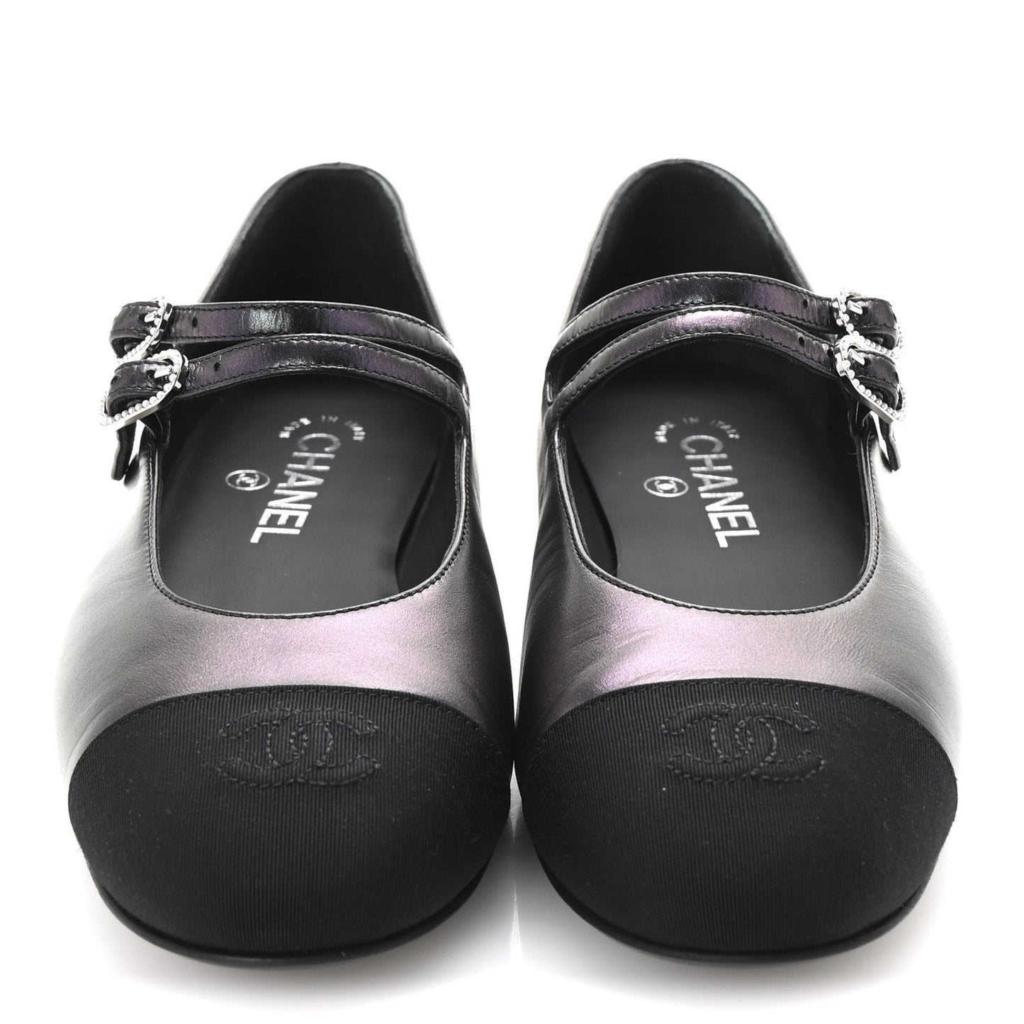 Lambskin Grosgrain Pearl Mary Jane Flats 38.5 Black