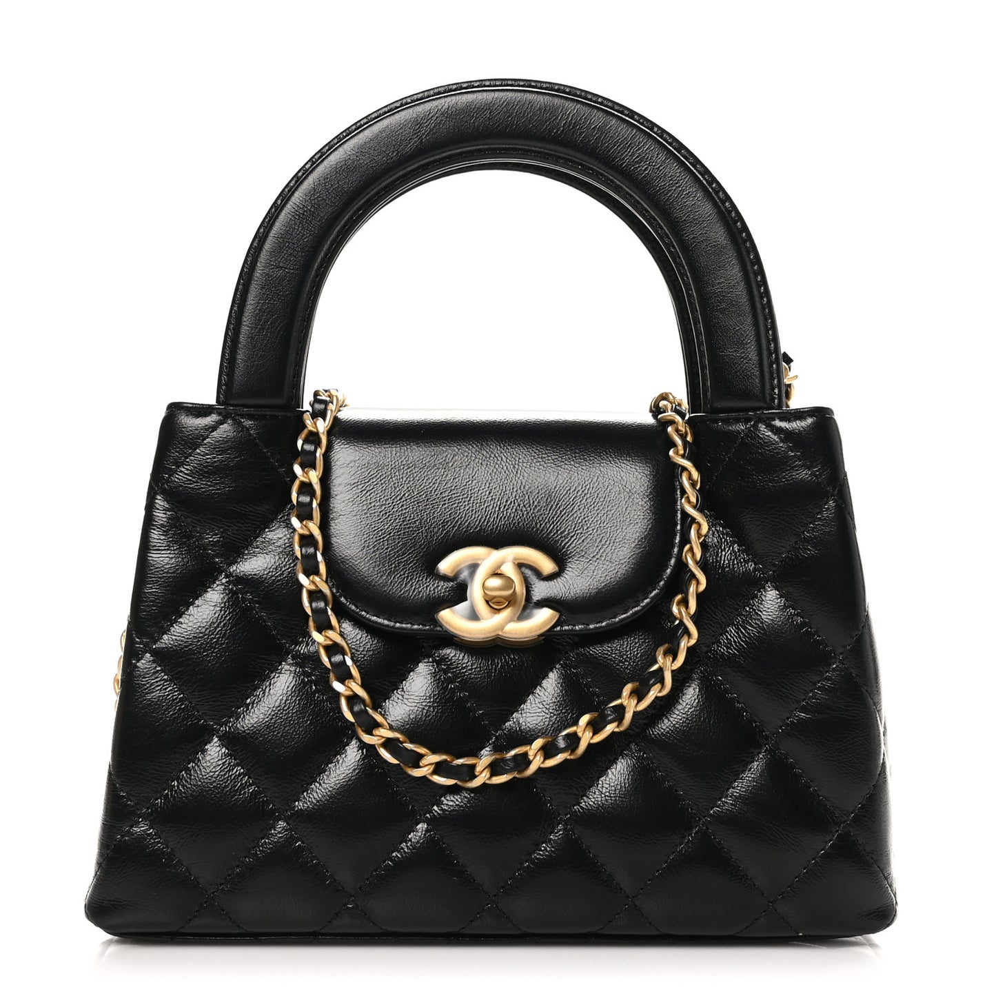 Shiny Aged Calfskin Quilted Nano Kelly Shopper Black