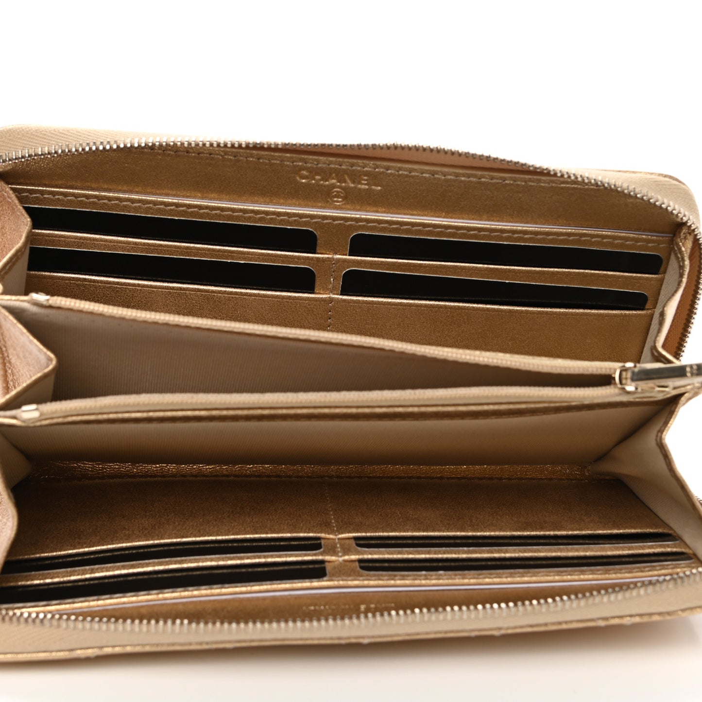 Metallic Lambskin Quilted Large Gusset Zip Around Wallet Gold