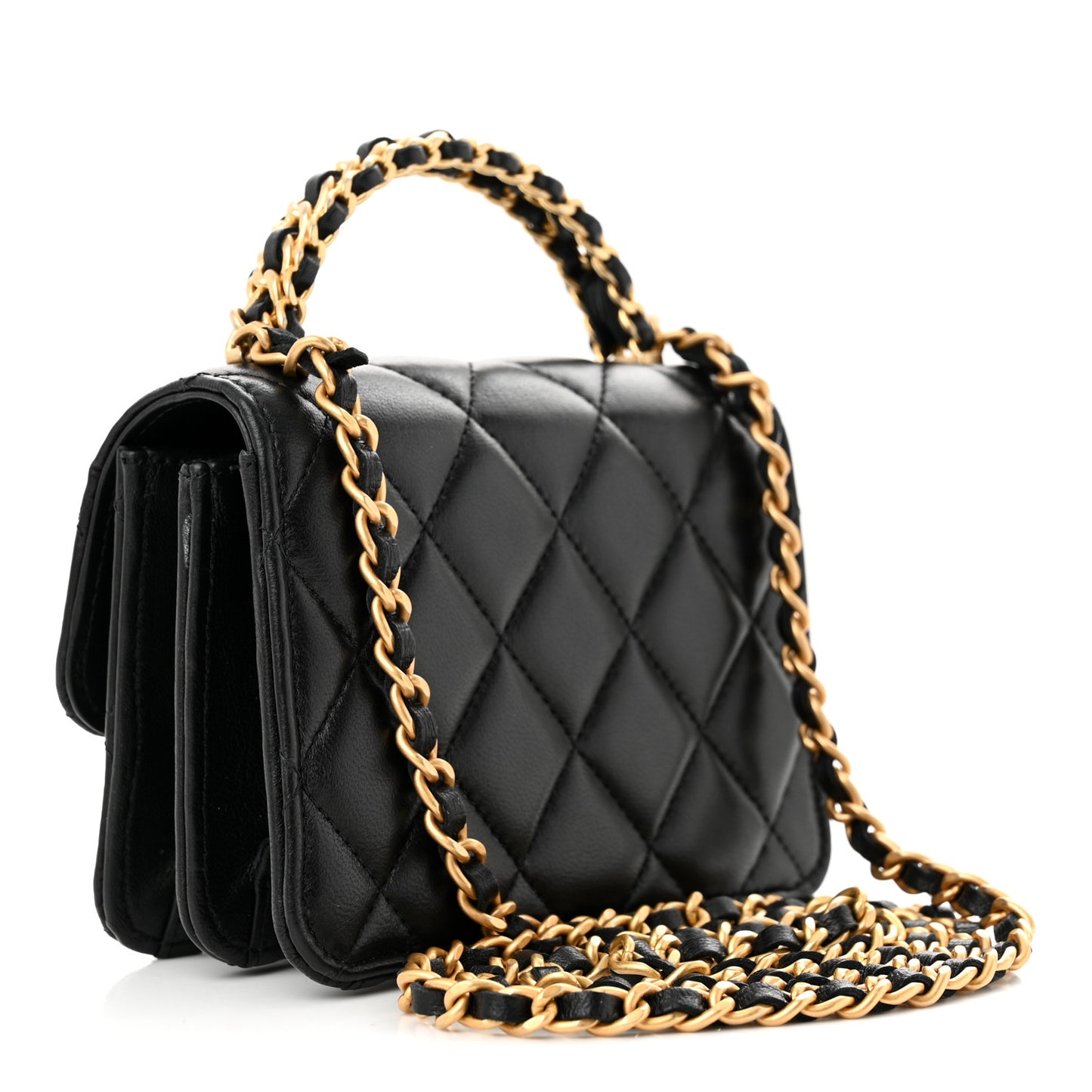 Lambskin Quilted Chain Top Handle Clutch With Chain Black