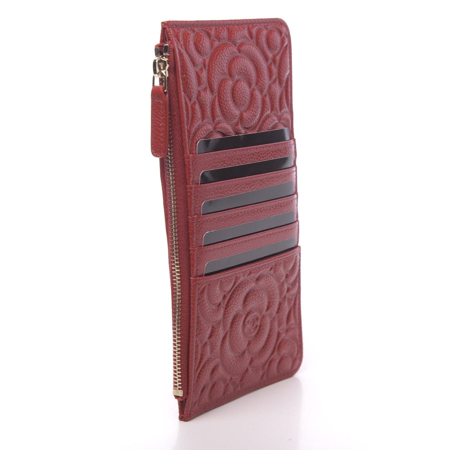 Caviar Camellia Embossed Classic Flat Wallet Pouch Red
