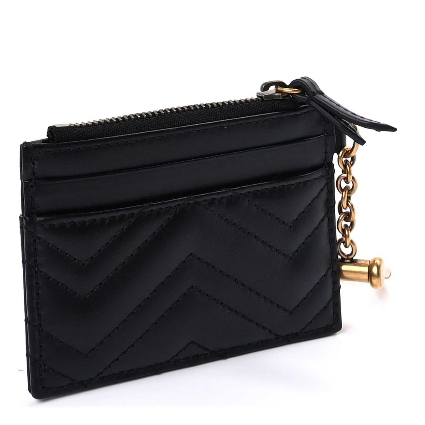 Calfskin Matelasse Chevron GG Marmont Key Case Card Holder Black