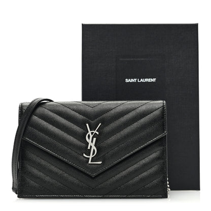 Saint Laurent Grain De Poudre Matelasse Chevron Monogram Envelope Chain Wallet Black 10 of 10