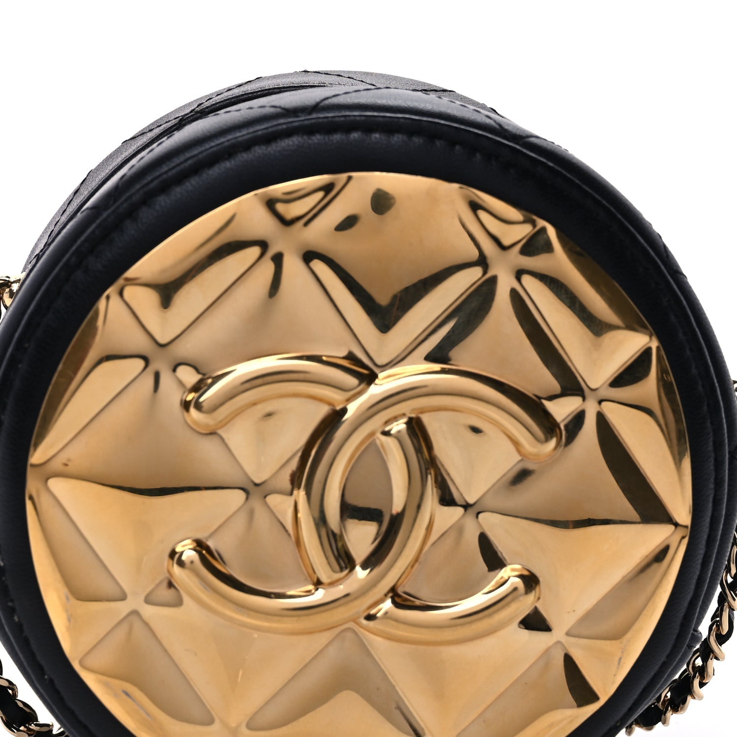 Chanel Lambskin Quilted Golden Plate Round Clutch With Chain Black 7 of 9