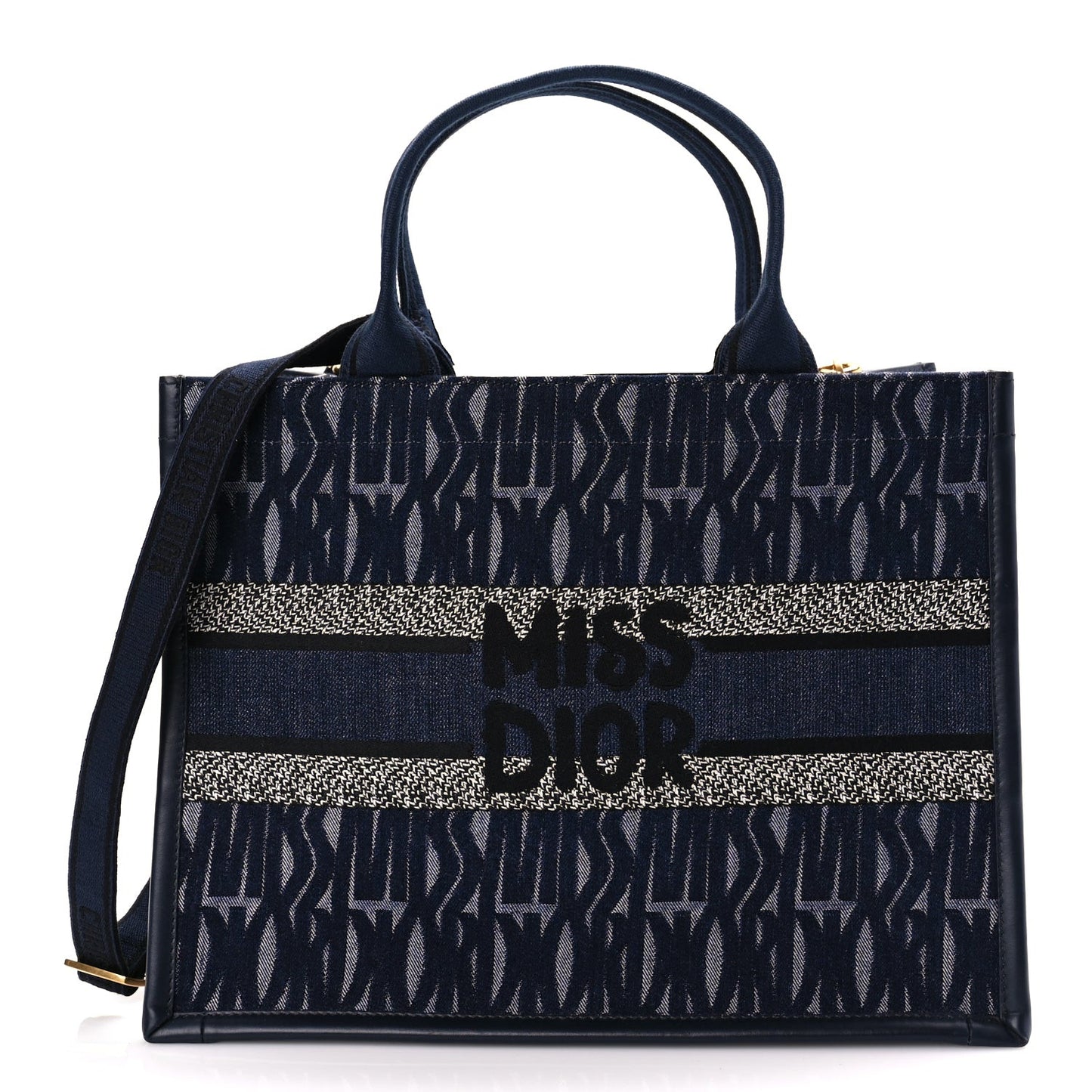 Canvas Calfskin Embroided Medium Miss Dior All Over Book Tote  Denim Multicolor