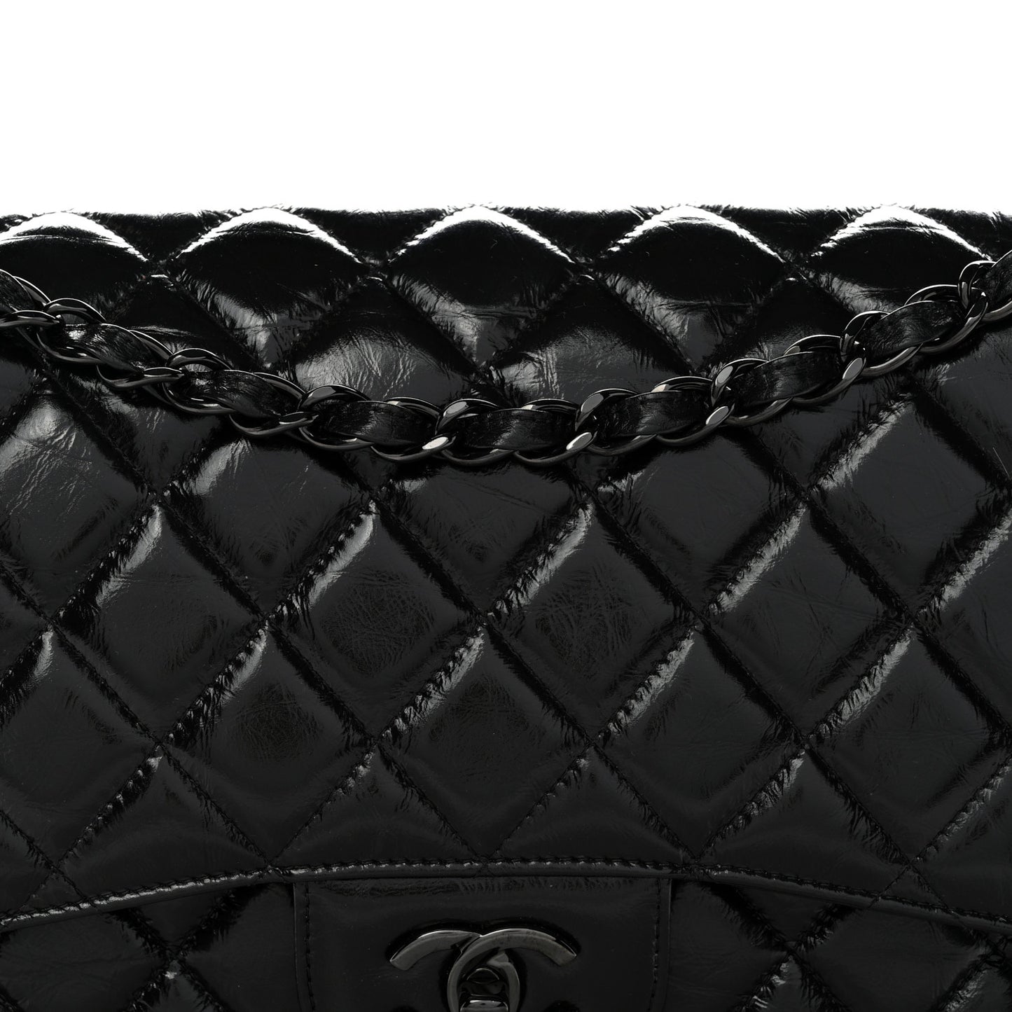Shiny Distressed Calfskin Quilted Jumbo Double Flap So Black