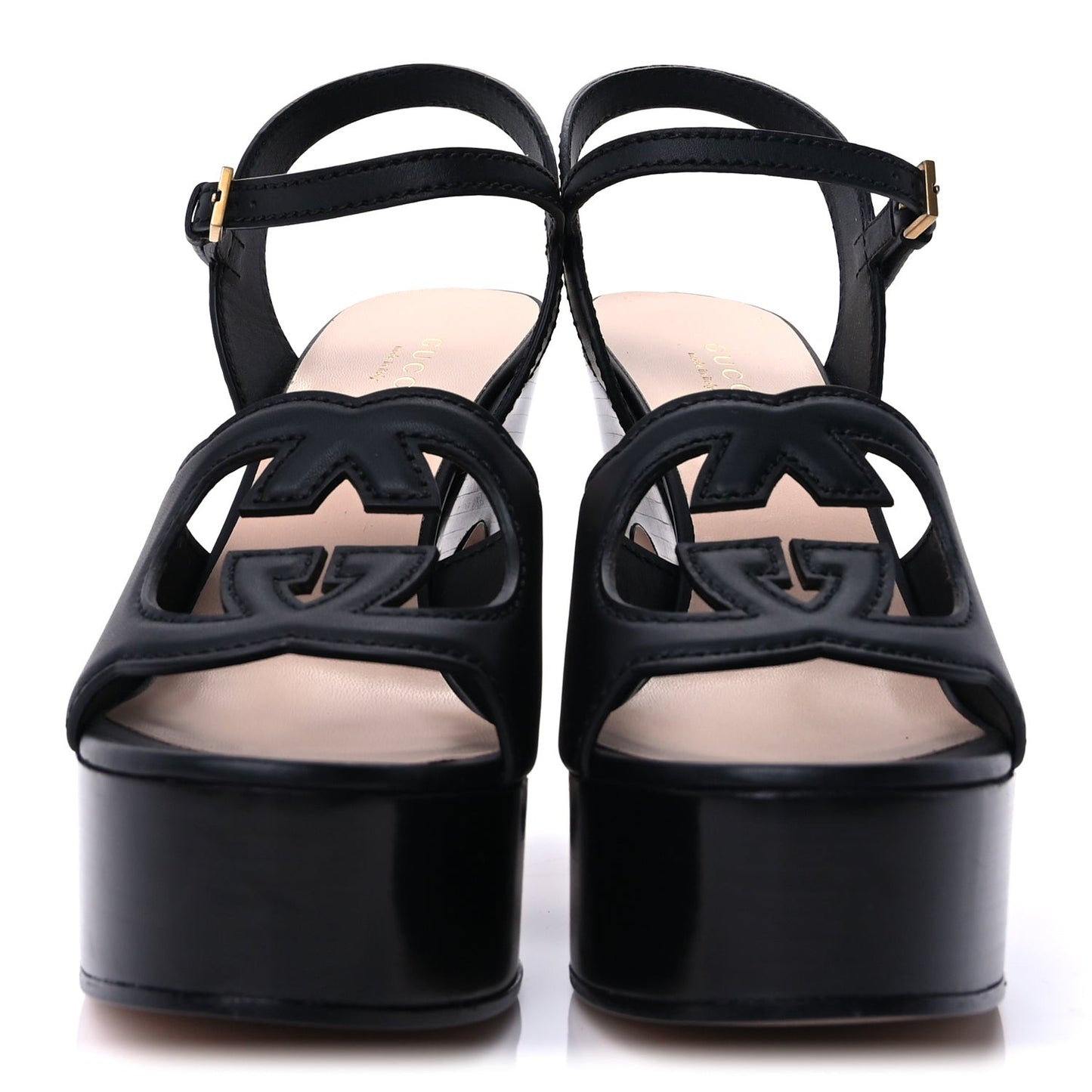 Cosmos Softy Calfskin Wooden Interlocking G Cut-Out 30/120mm Platform Sandals 38  Black