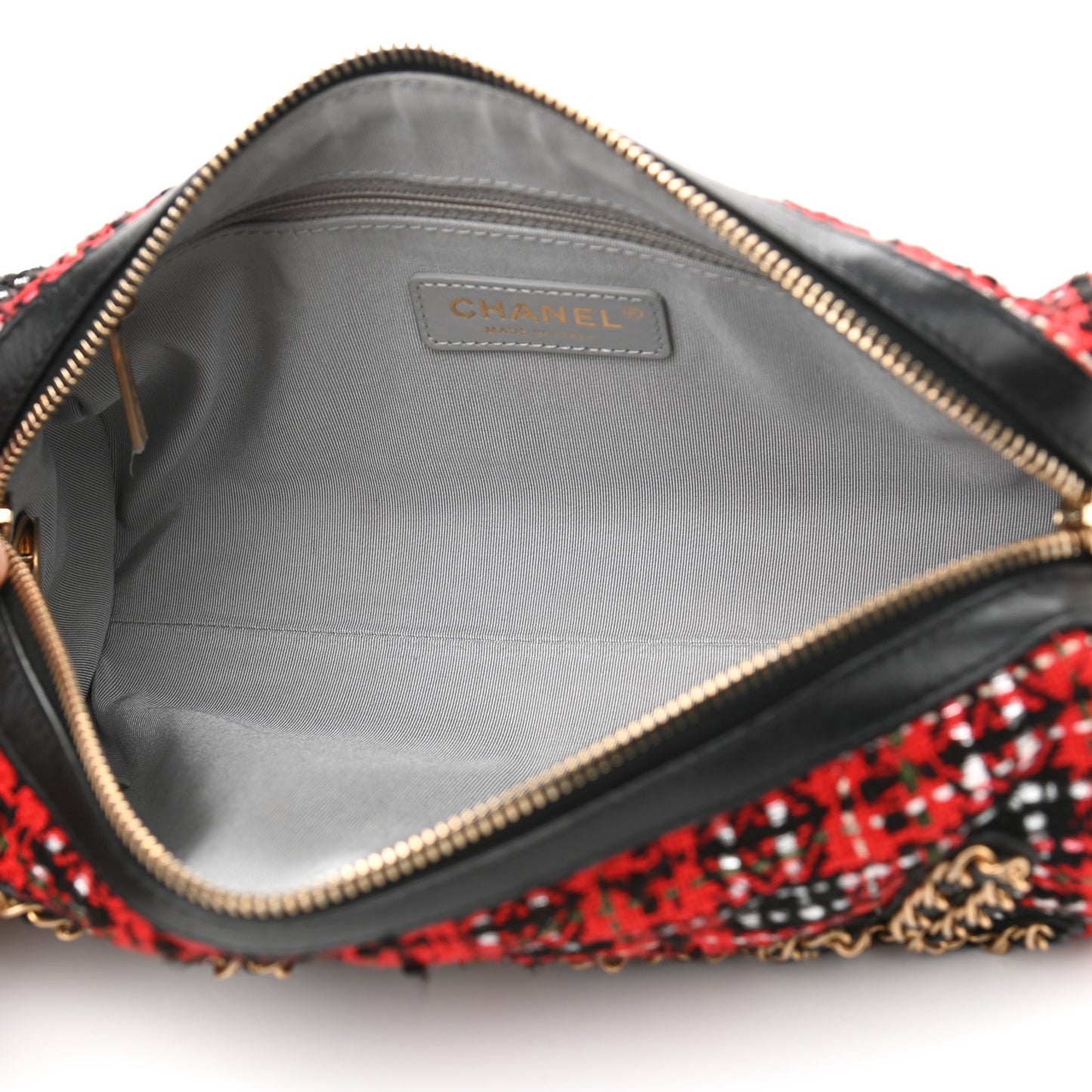 Tweed Calfskin Signe Bowling Bag Red Black