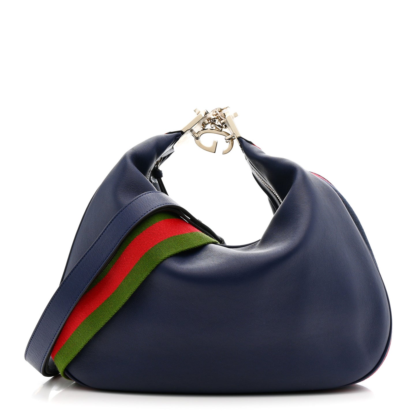 Aria Calfskin Web Large Attache Shoulder Bag Navy