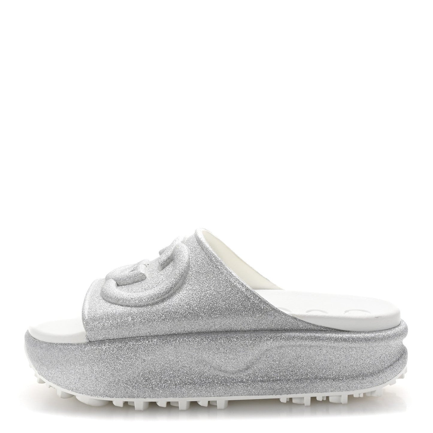 Glitter Rubber Womens InterLocking G Platform 42mm Slide Sandals 37 Silver