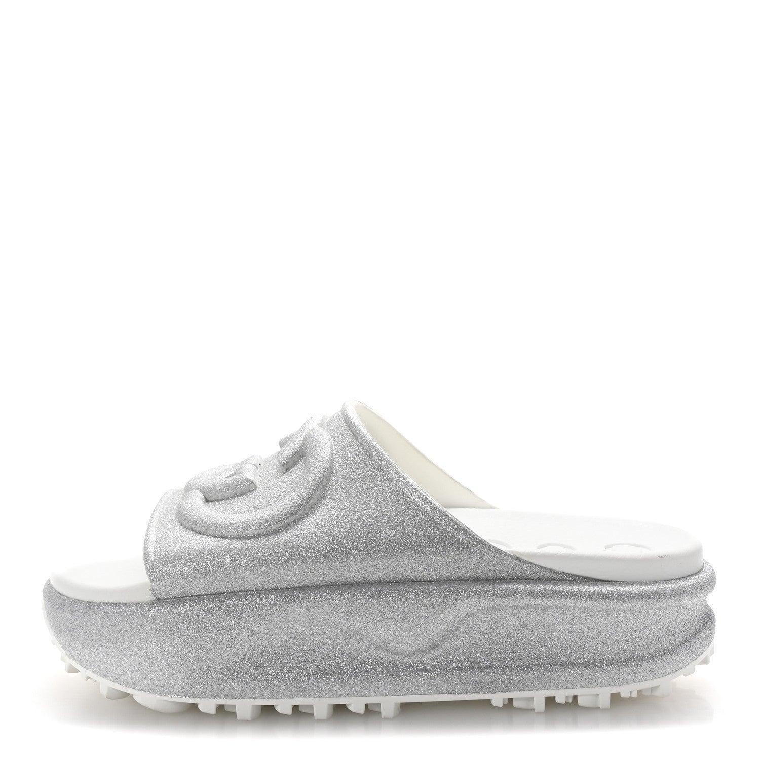 Gucci Glitter Rubber Womens InterLocking G Platform 42mm Slide Sandals 37 Silver 1 of 7