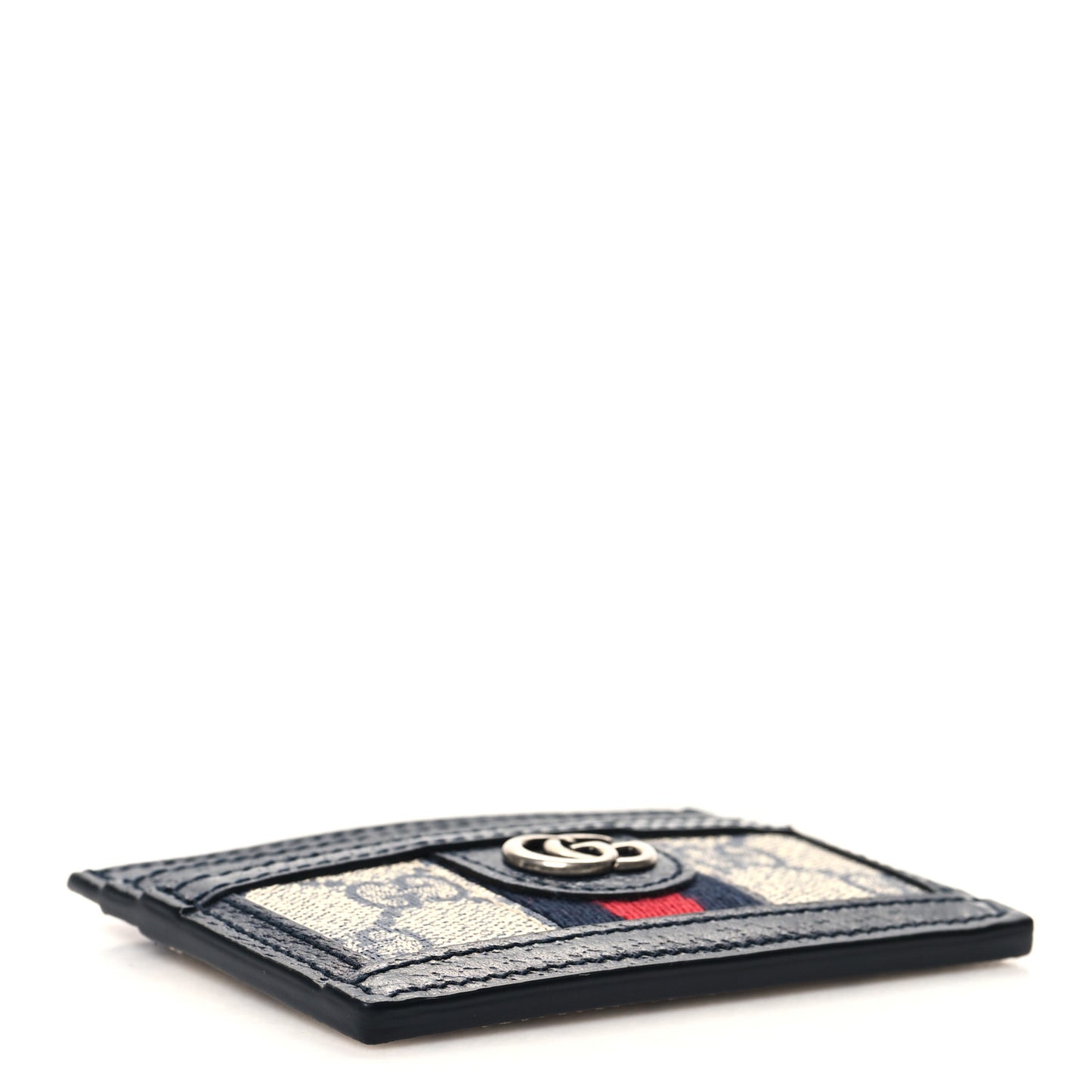GG Supreme Monogram Textured Dollar Calfskin Web Ophidia Card Holder Beige Blue