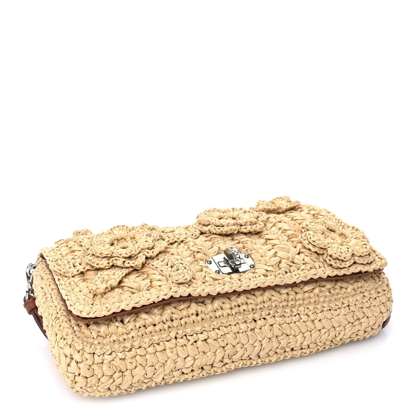 Raffia Crystal Flap Clutch Natural