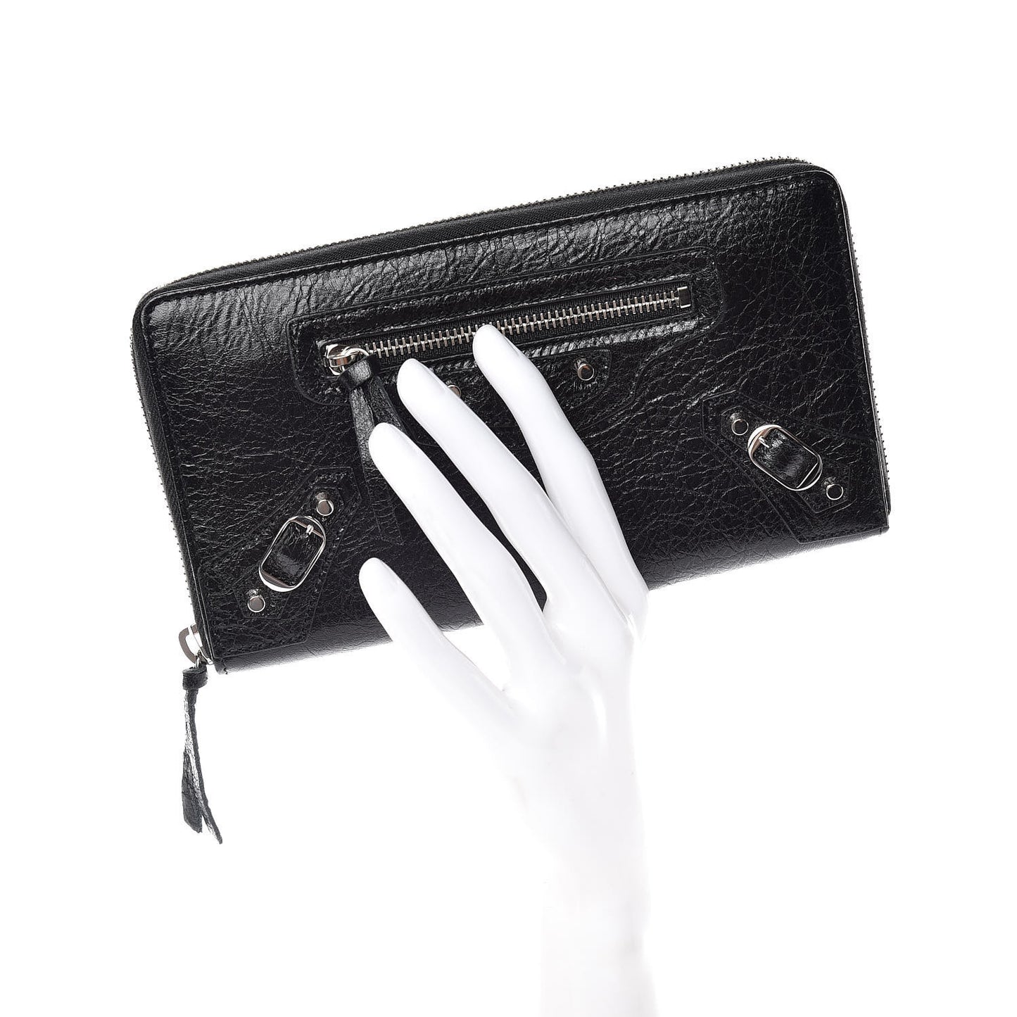 Agneau Classic Silver Hardware Continental Zip Around Wallet Black