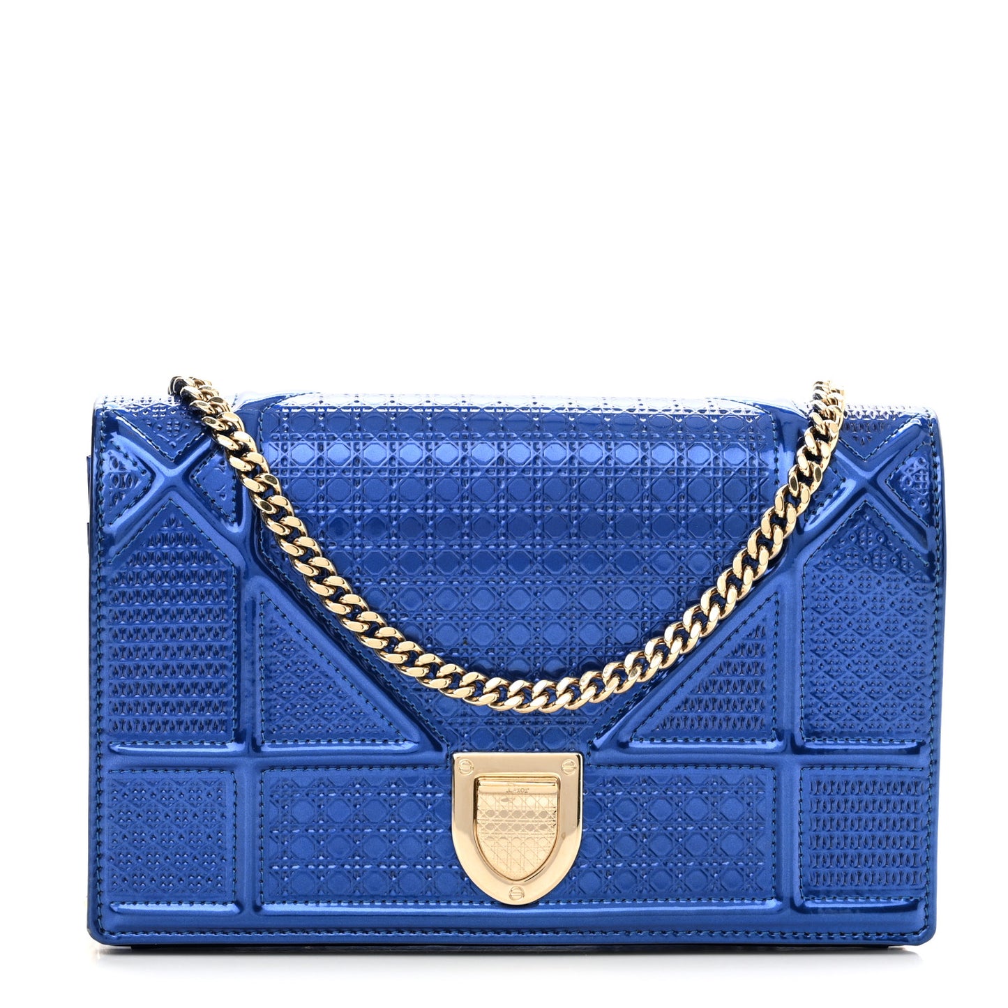 Metallic Patent Micro-Cannage Diorama Wallet on Chain Pouch Mirror Blue