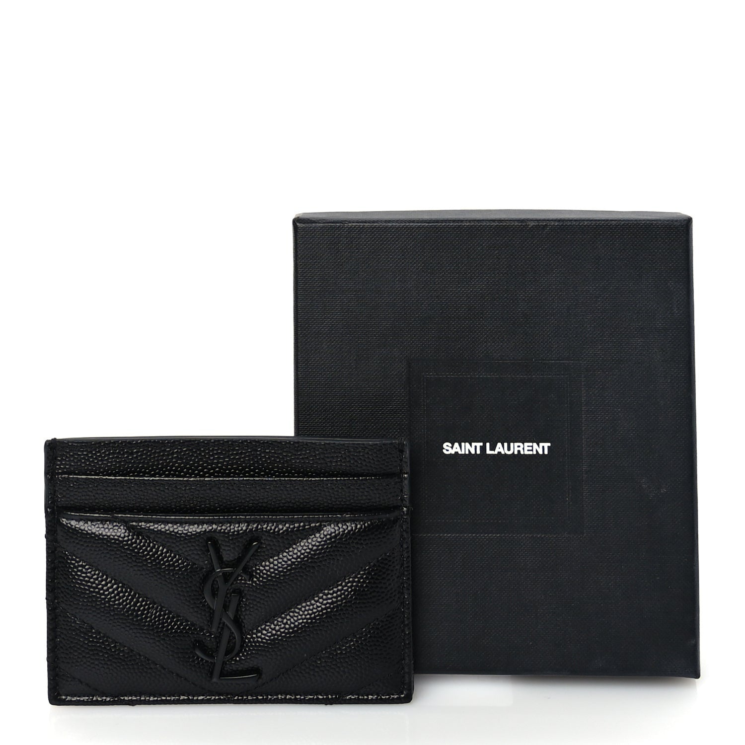Saint Laurent Grain De Poudre Matelasse Chevron Monochrome Monogram Credit Card Case Black 2 of 8