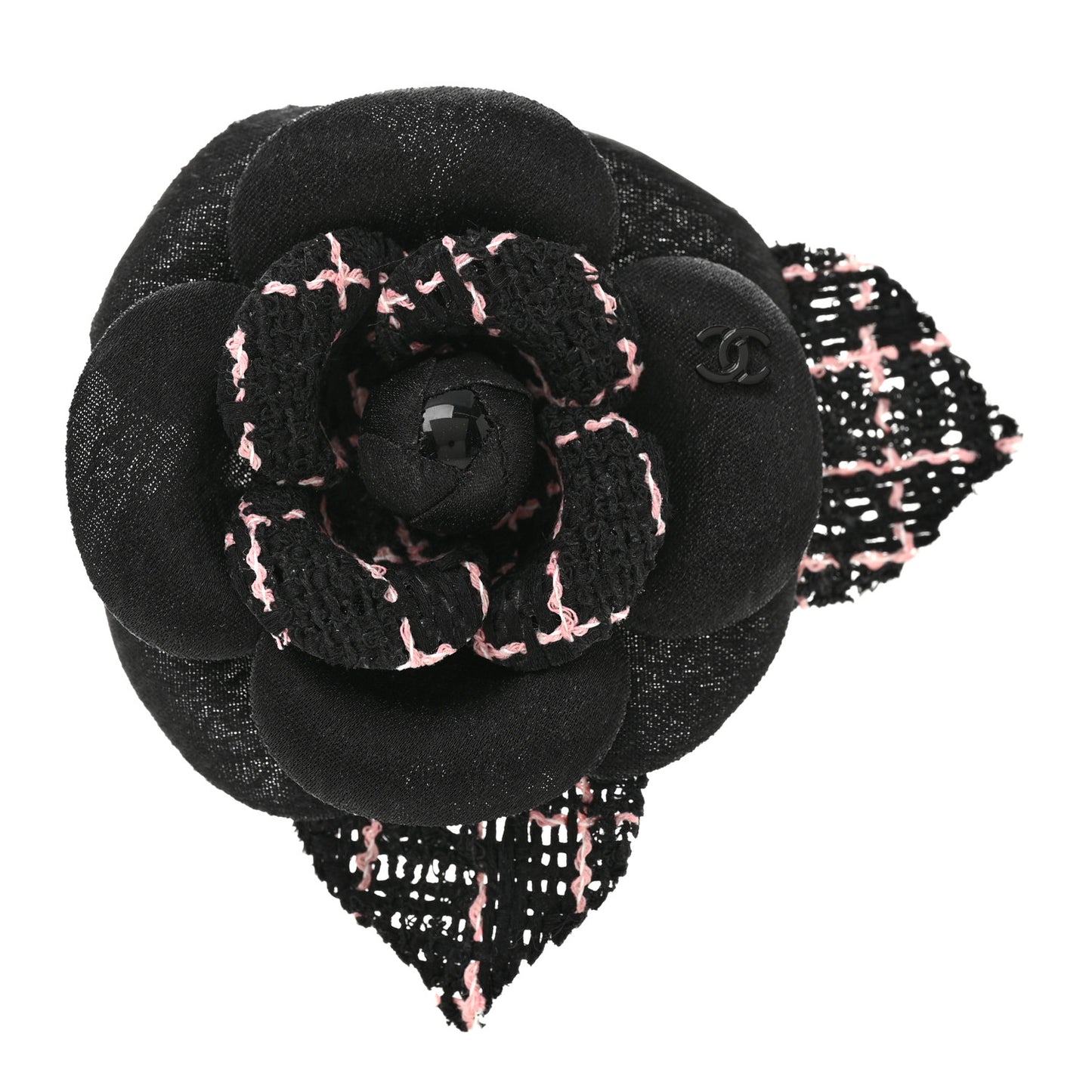 Tweed Camellia Pin Brooch Black Pink