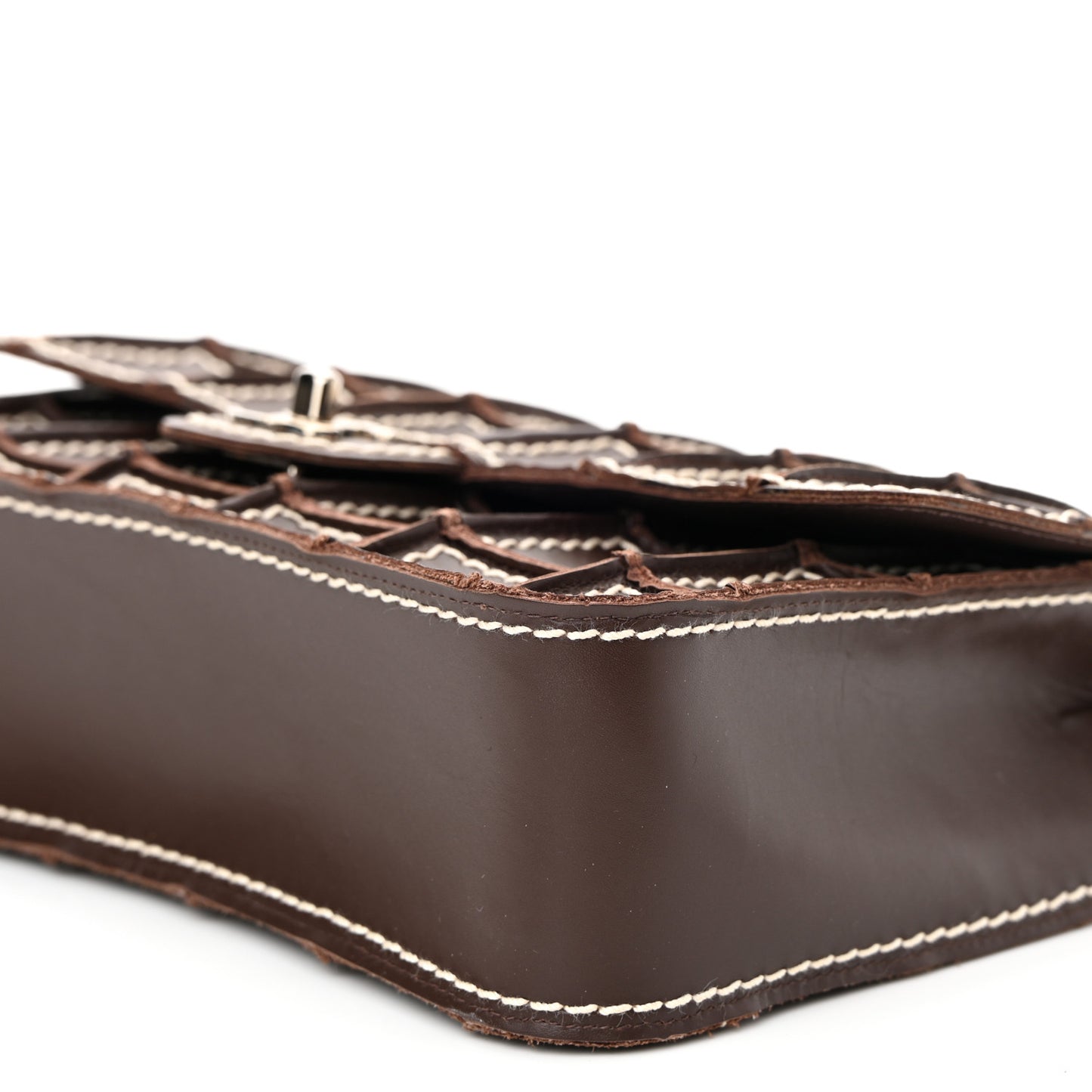 Lambskin Contrast Square Stitch Flap Brown