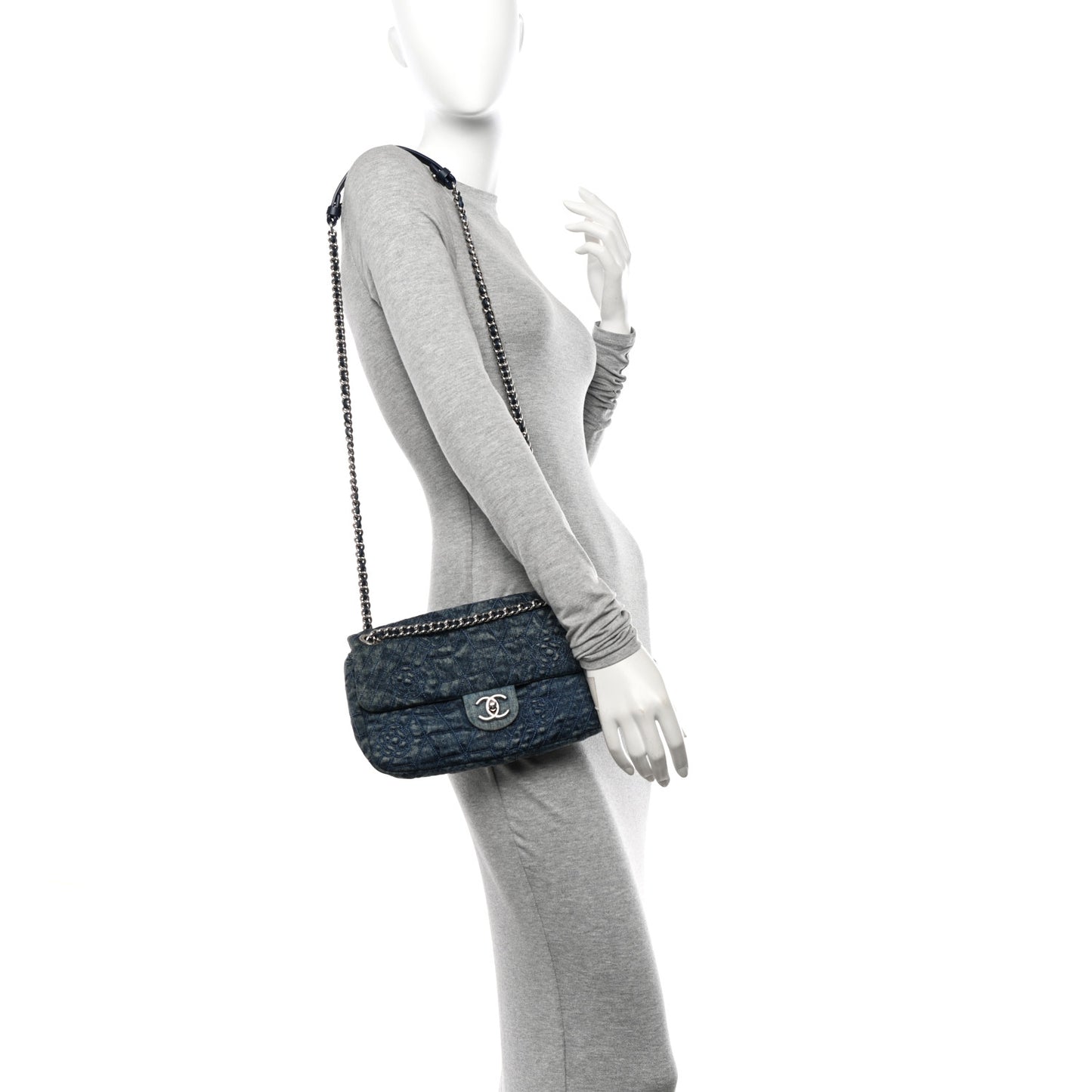 Denim Quilted Camellia Embroidered Medium Flap Blue