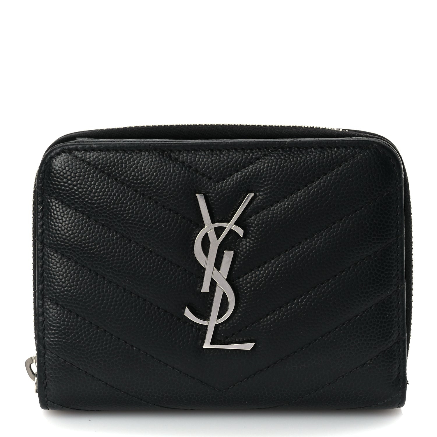 Saint Laurent Grain De Poudre Matelasse Chevron Monogram Compact Zip Around Wallet  Black 1 of 7