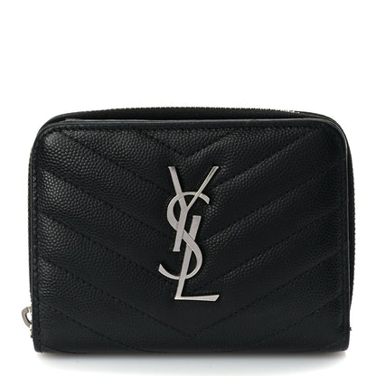 Saint Laurent Grain De Poudre Matelasse Chevron Monogram Compact Zip Around Wallet  Black 1 of 7