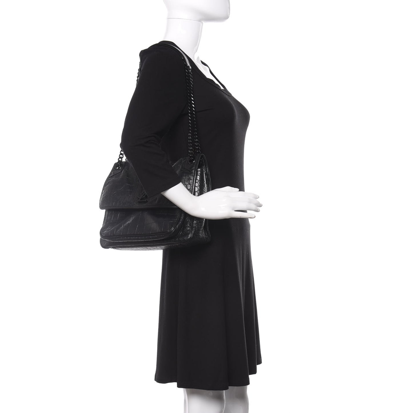 Crocodile Embossed Lambskin Monogram Medium Niki Chain Satchel Black