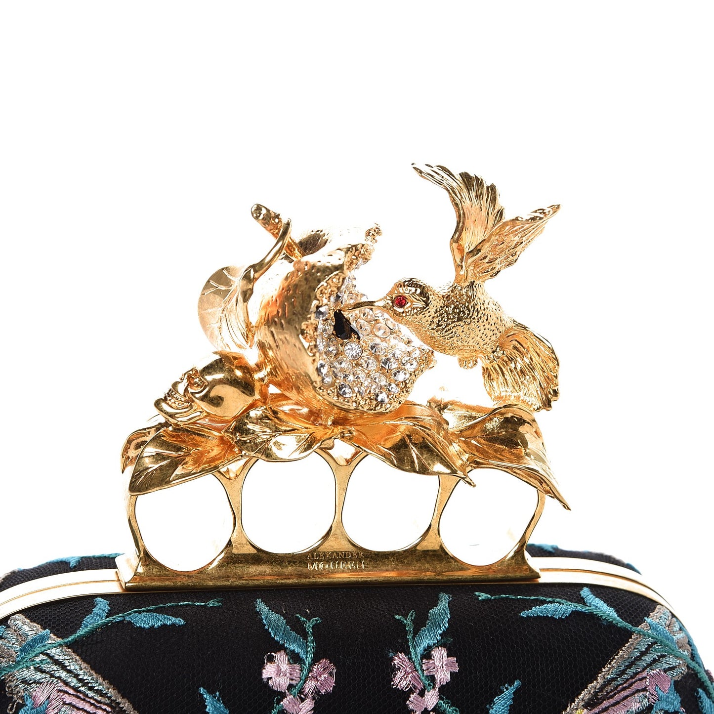 Silk Embroidered Hummingbird Knuckle Duster Box Clutch Multicolor
