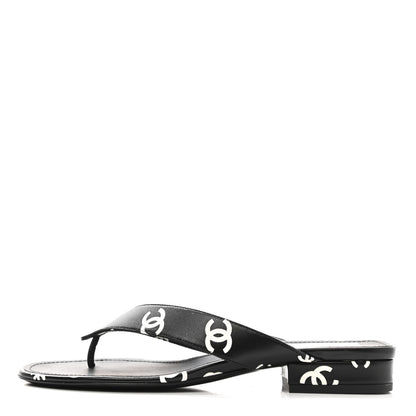Chanel Lambskin Printed CC Thong Sandals 38.5 Black White 1 of 7