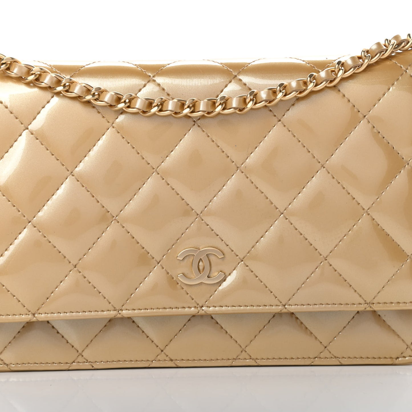 Metallic Patent Quilted Wallet On Chain WOC Gold