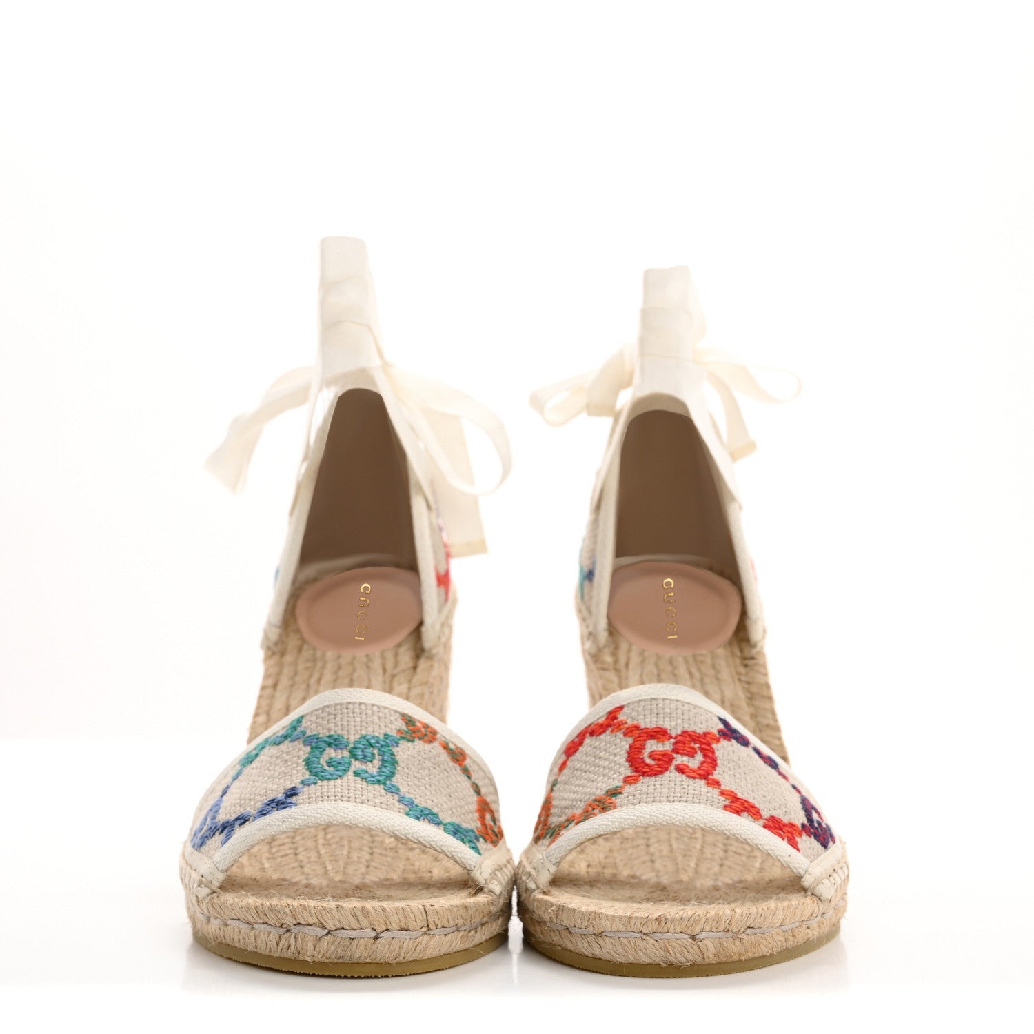 Gucci Linen Psychedelic Mini GG Monogram Ankle Wrap Platform Espadrille Wedge Sandals 39 Multicolor Mystic White 3 of 7
