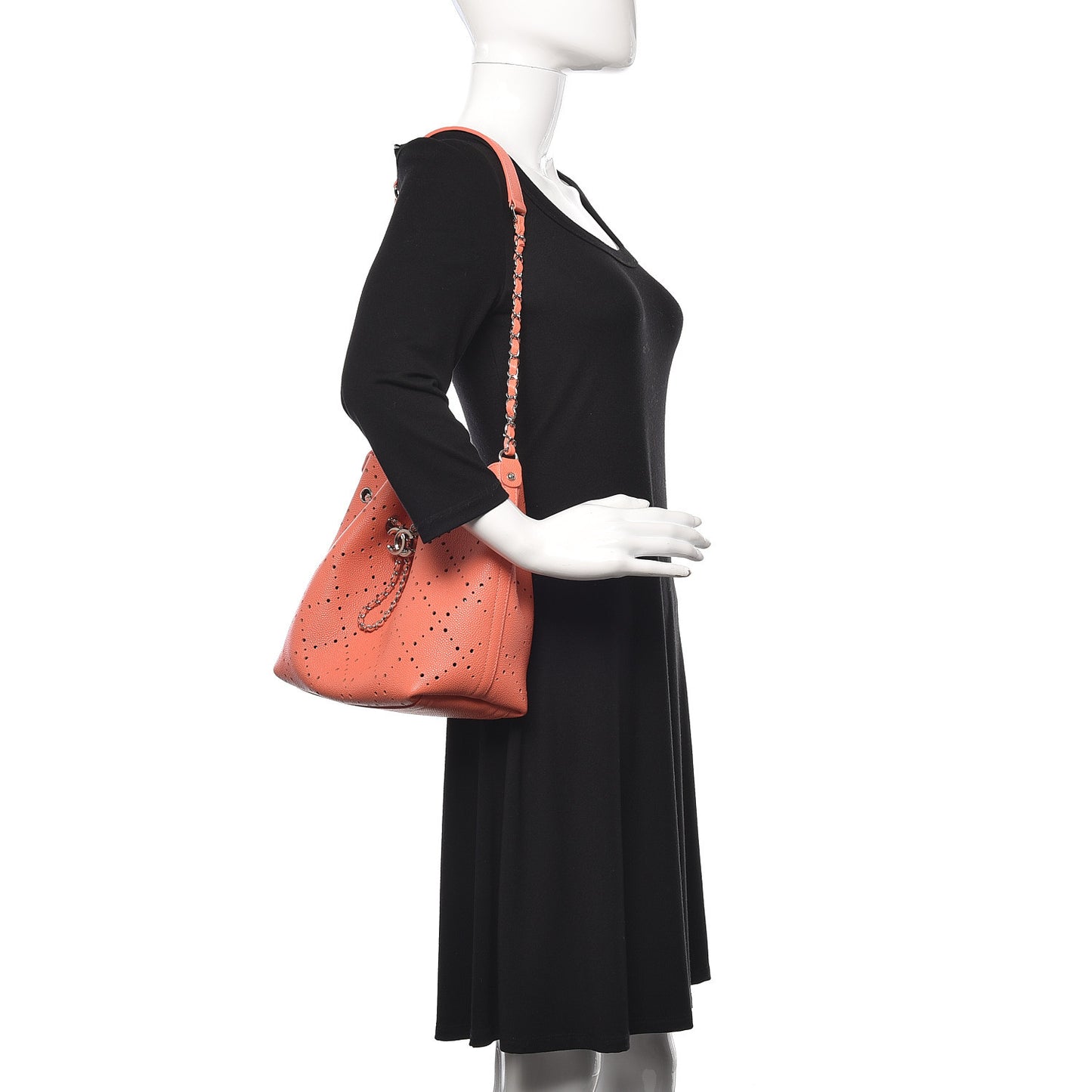 Caviar Perforated Drawstring CC Bag Coral Beige