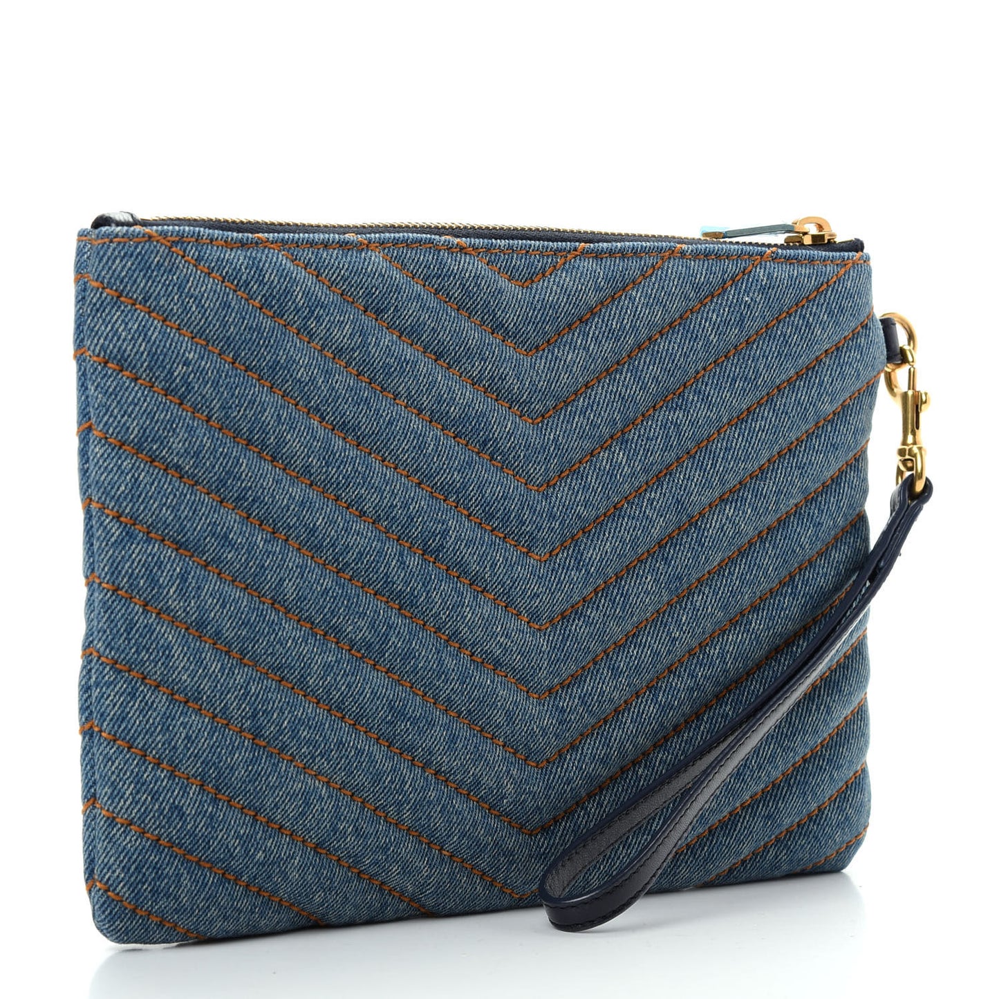 Denim Matelasse Chevron Monogram A5 Wristlet Blue