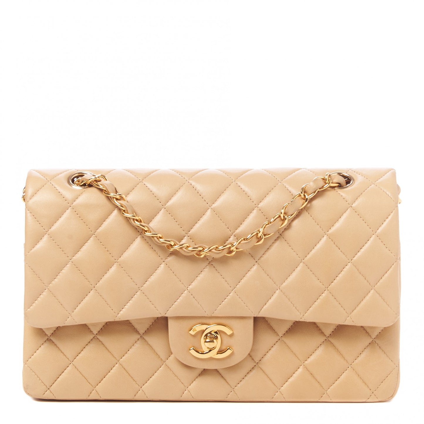 Lambskin Quilted Medium Double Flap Beige