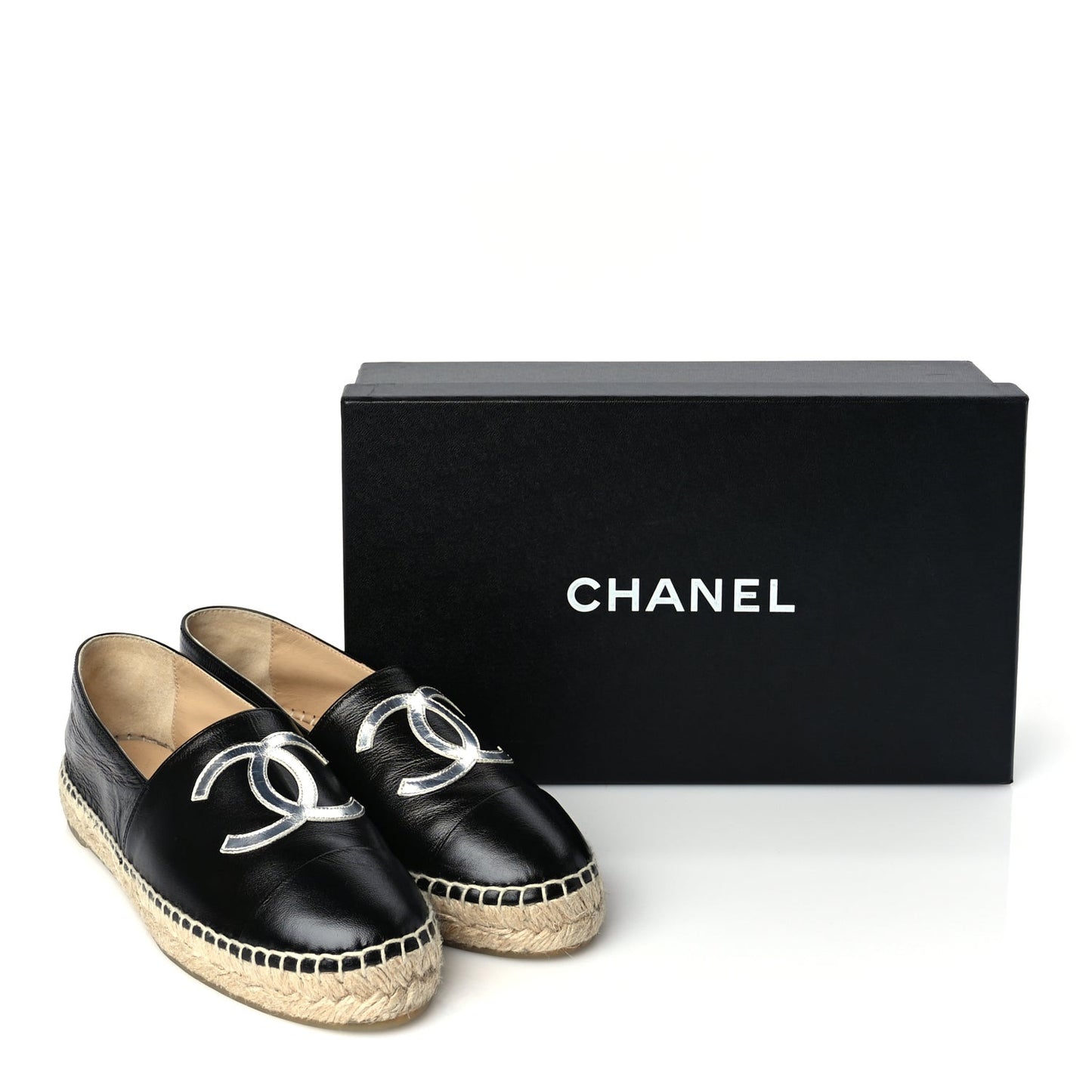 Patent Calfskin Metallic Goatskin CC Espadrilles 37 Black Silver