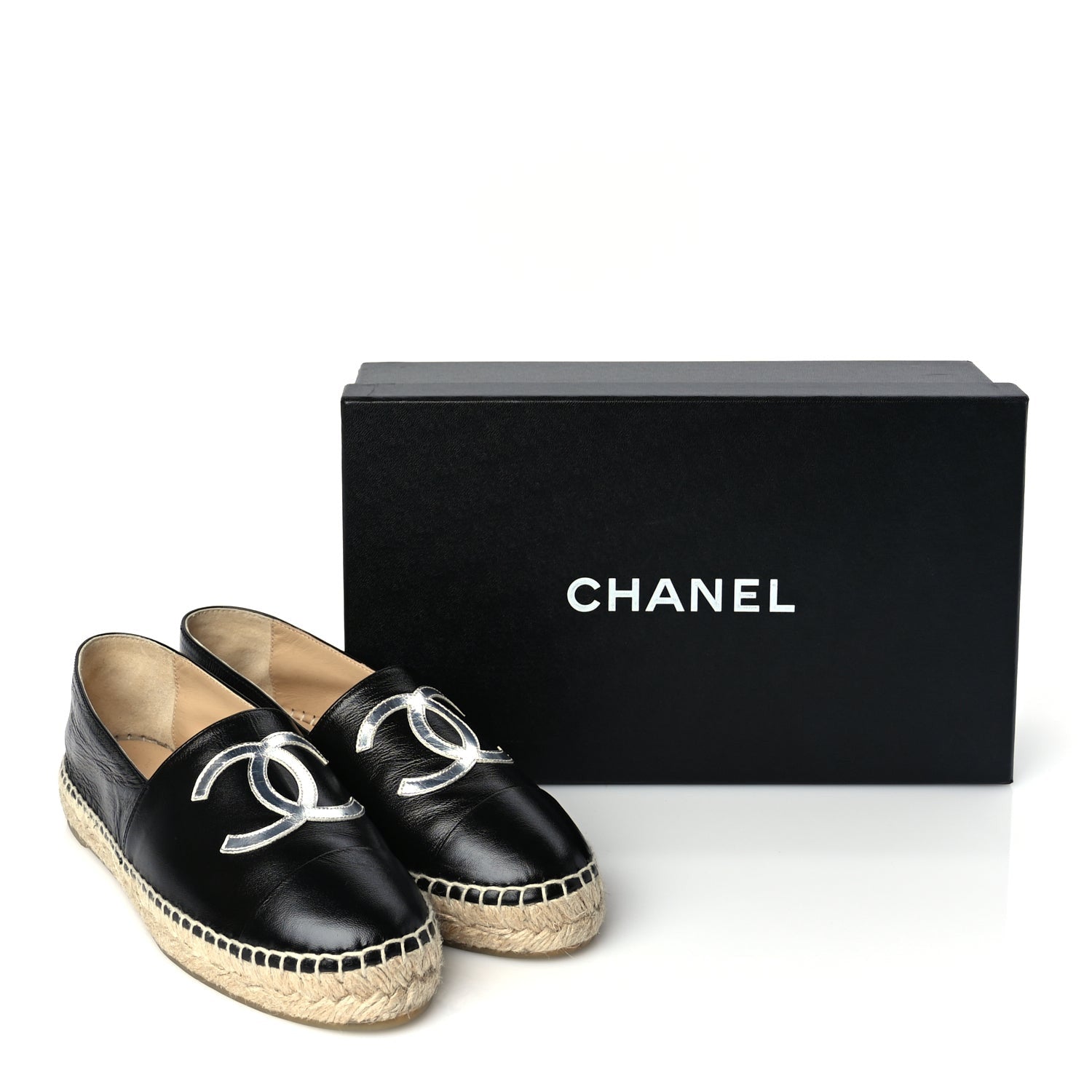 Chanel Patent Calfskin Metallic Goatskin CC Espadrilles 37 Black Silver 9 of 9