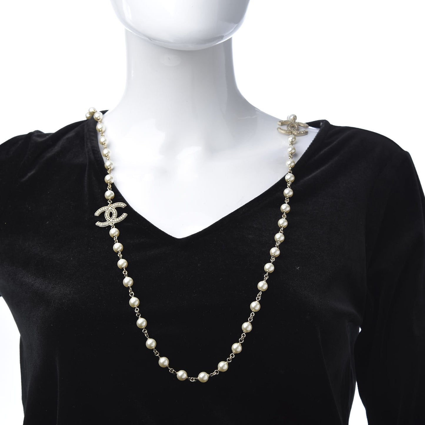 Graduated Pearl CC Long Necklace Light Gold