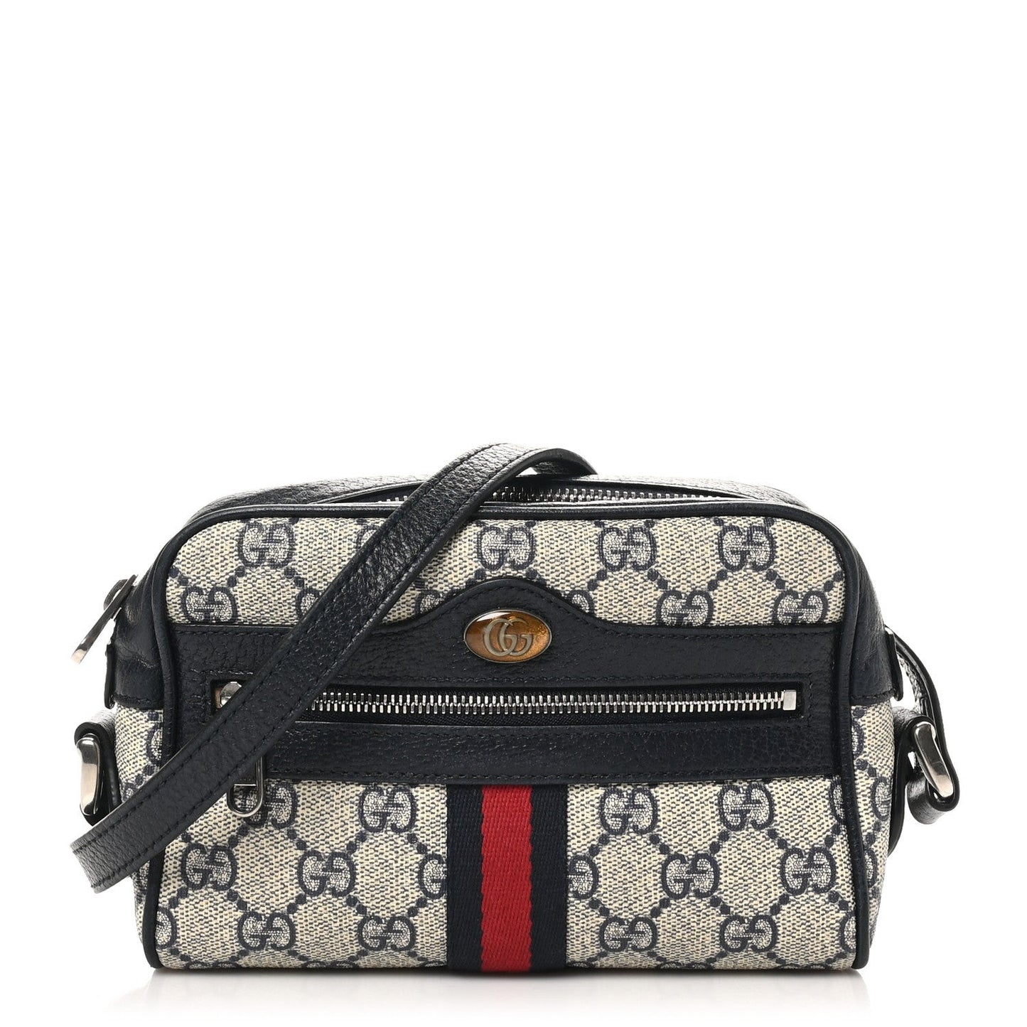 GG Supreme Monogram Textured Dollar Calfskin Web Mini Ophidia Shoulder Bag Beige Blue