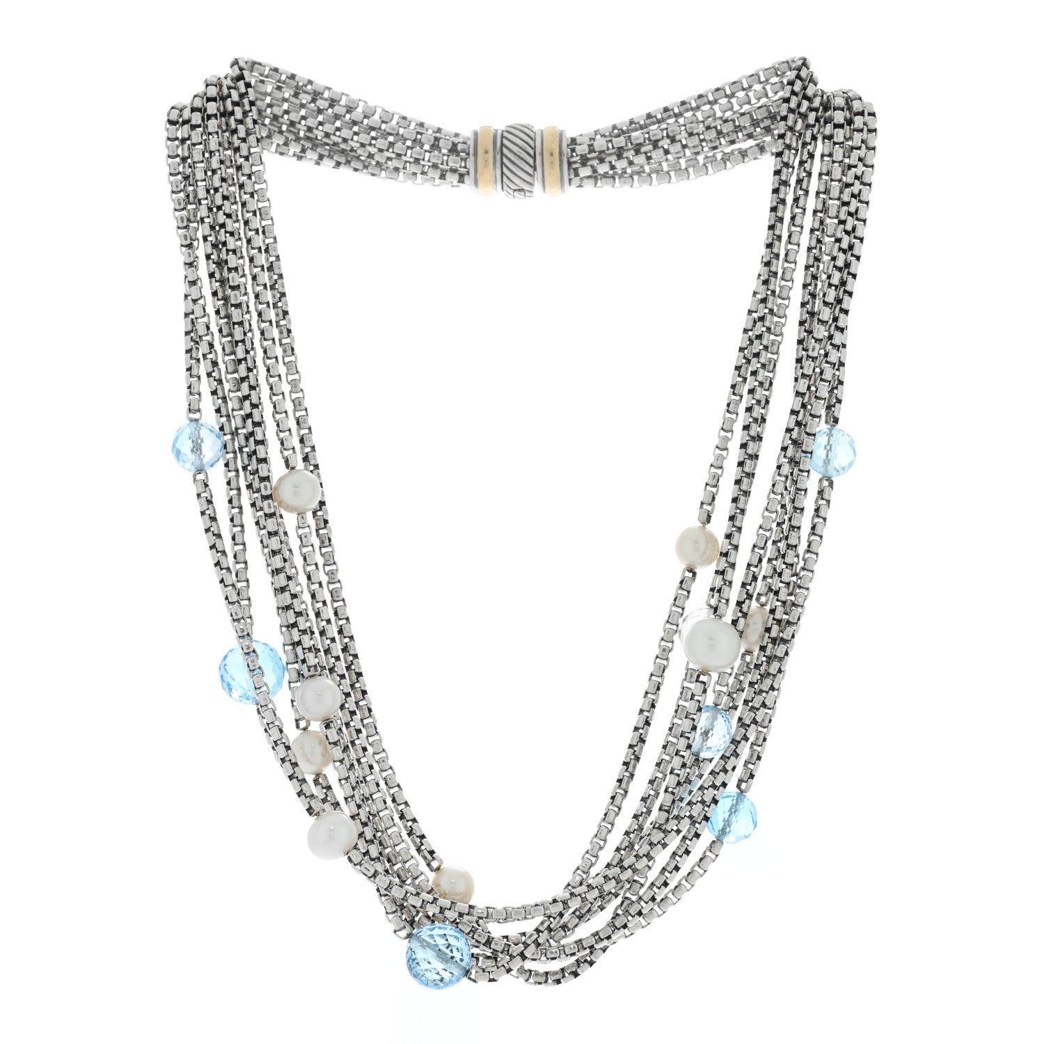 David Yurman Sterling Silver 18K Yellow Gold Freshwater Cultured Pearl Blue Topaz Multi Strand Necklace 3 of 5
