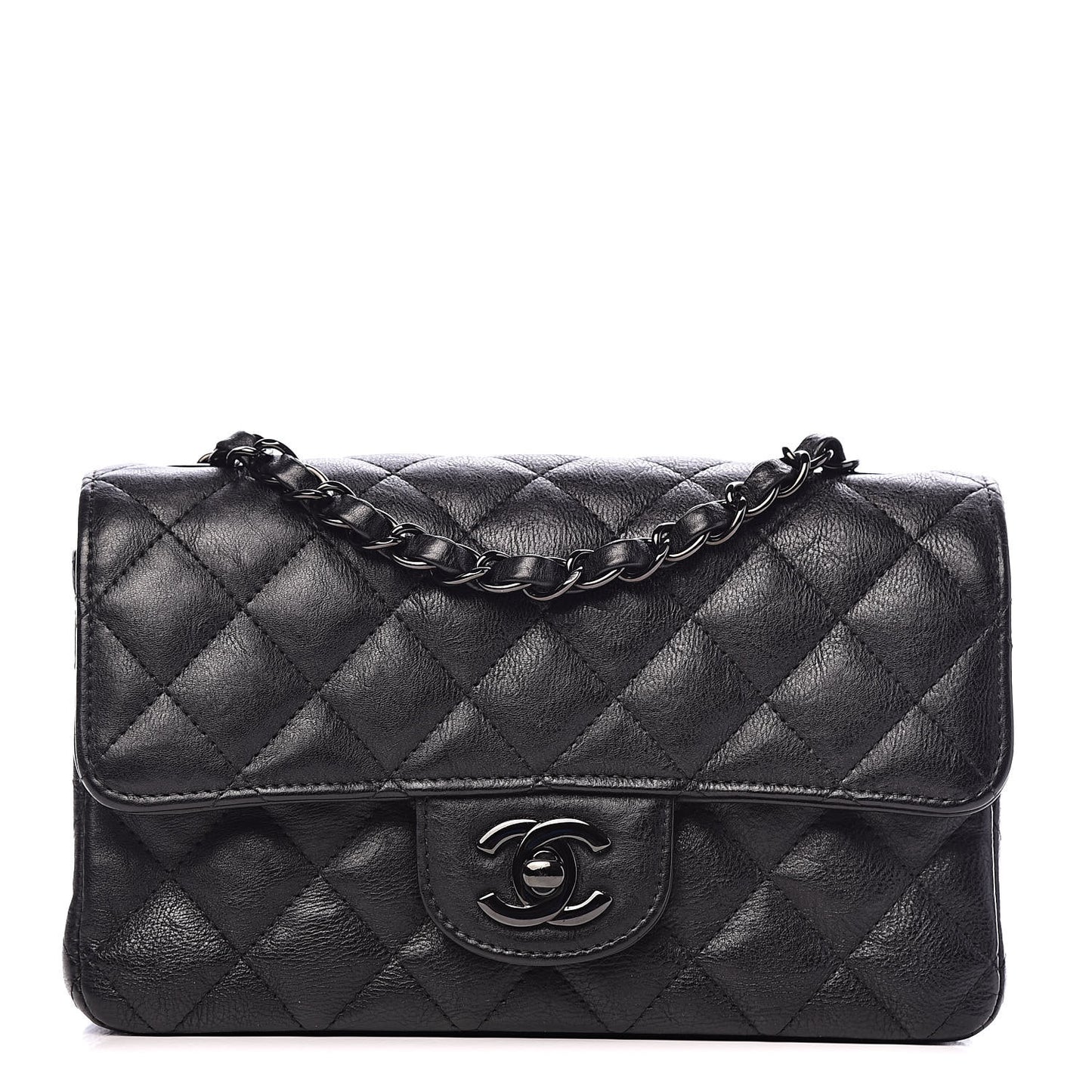 Crumpled Calfskin Quilted Mini Rectangular Flap So Black