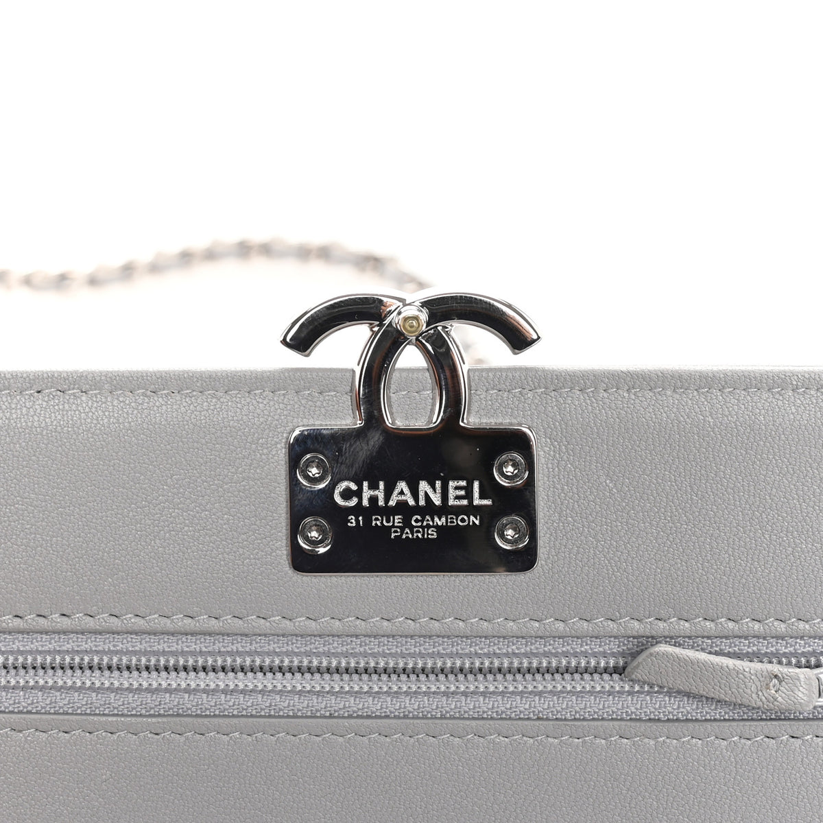 Grained Calfskin Quilted CC Box Wallet On Chain WOC Grey