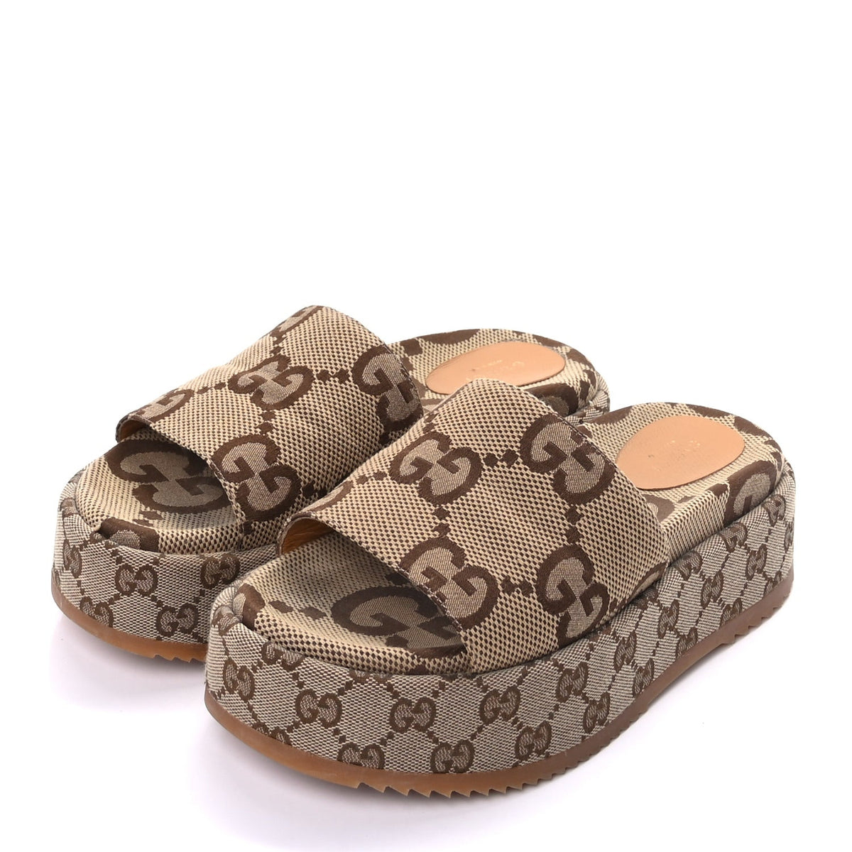 Monogram Maxi GG Angelina Platform 55mm Slide Sandals 38.5 Camel Ebony