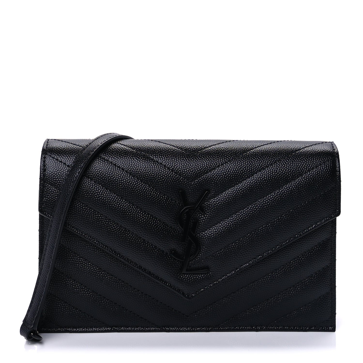 Saint Laurent Grain De Poudre Matelasse Chevron Monogram Monochrome Envelope Chain Wallet Black 1 of 8
