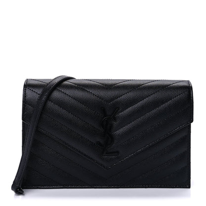 Saint Laurent Grain De Poudre Matelasse Chevron Monogram Monochrome Envelope Chain Wallet Black 1 of 8