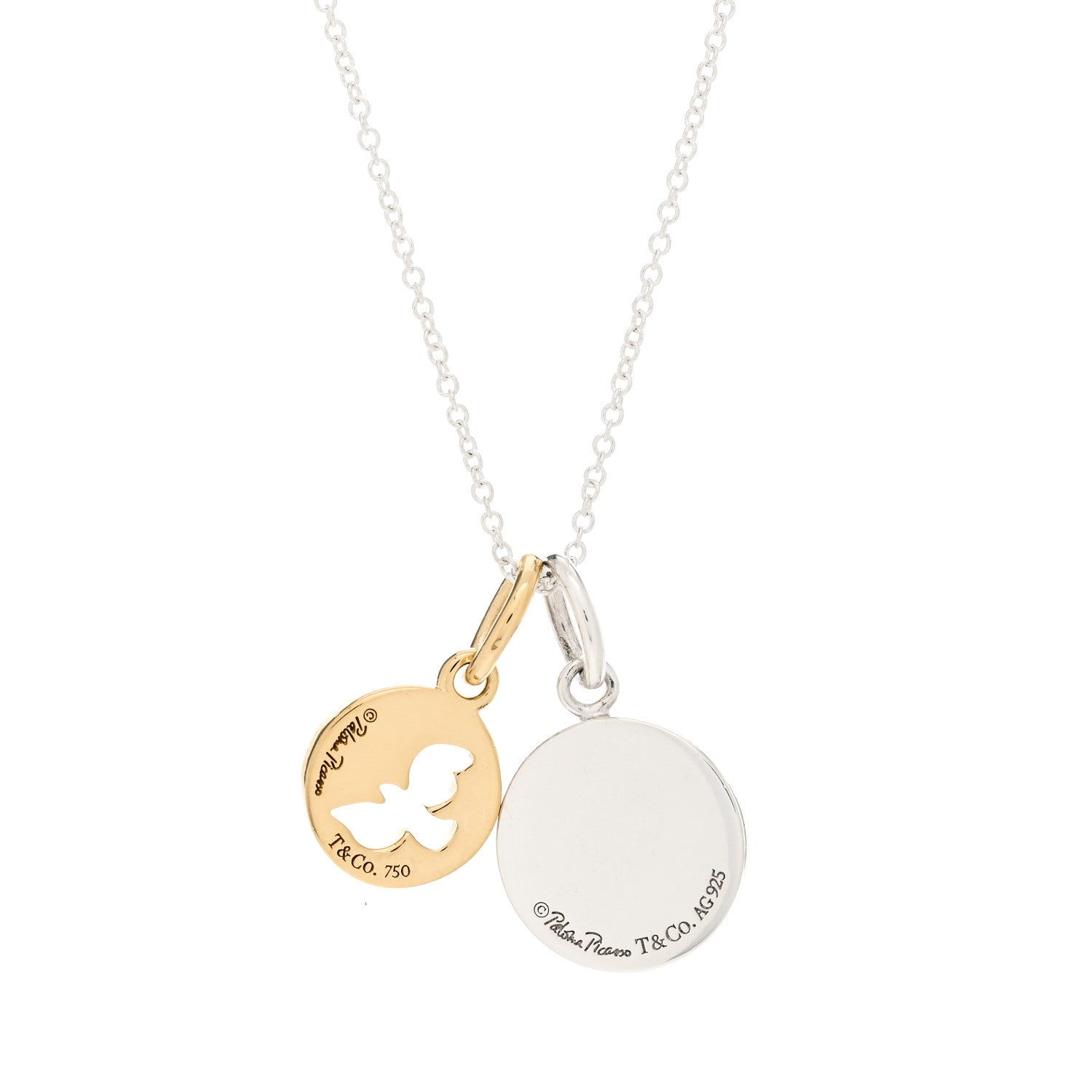 Tiffany Sterling Silver 18K Yellow Gold Paloma Picasso Peace Dove Double Pendant Necklace 3 of 4