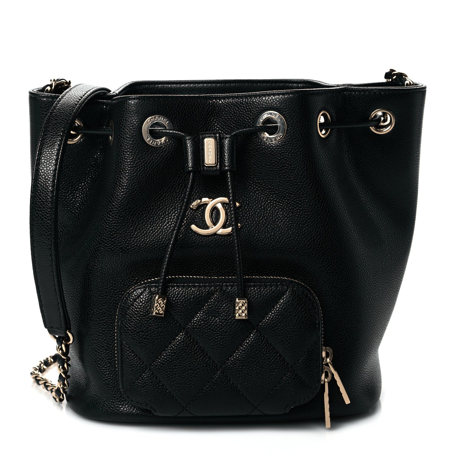 Caviar Quilted CC Pocket Bucket Bag Black