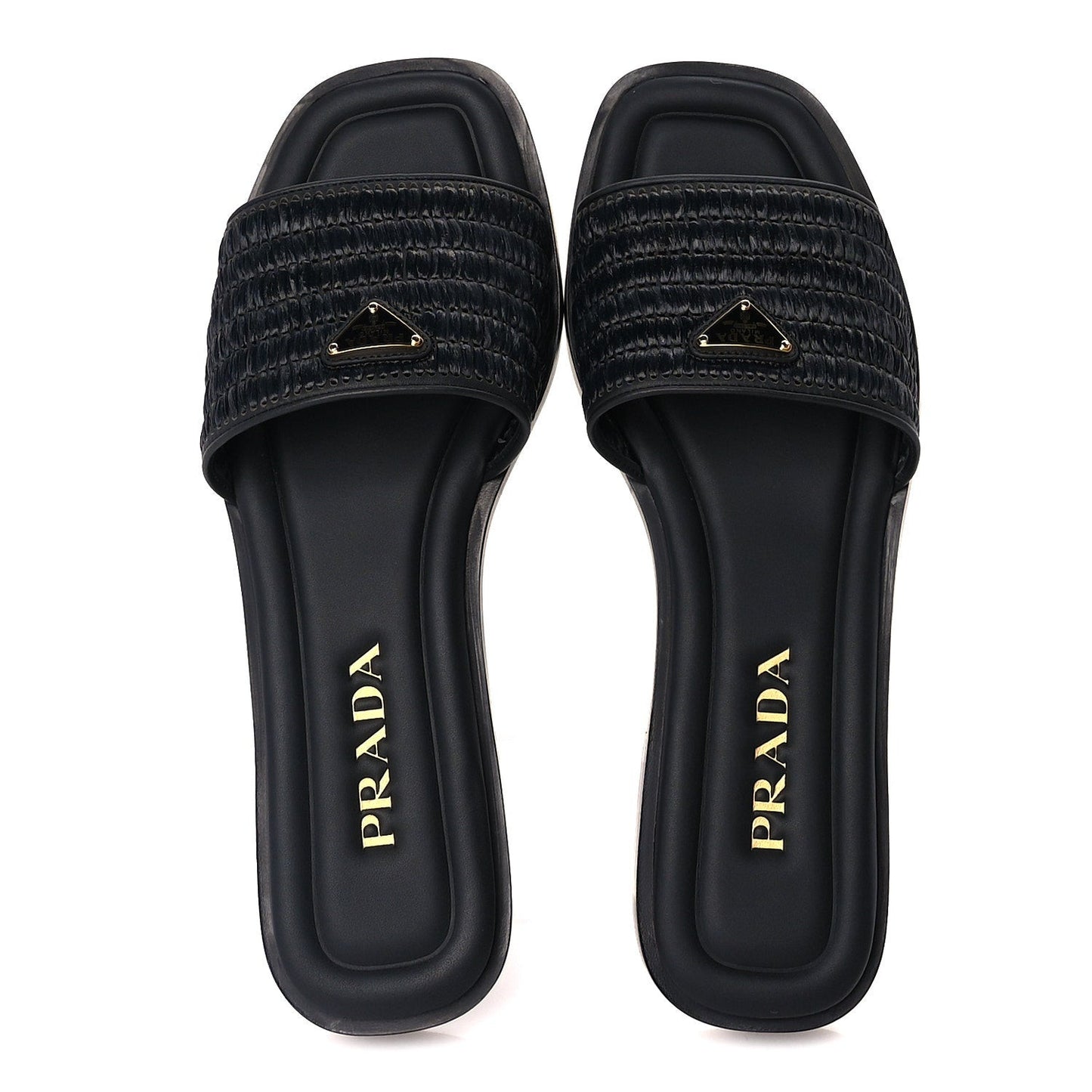 Raffia Metal Triangle Logo 10mm Slide Sandals 39  Black