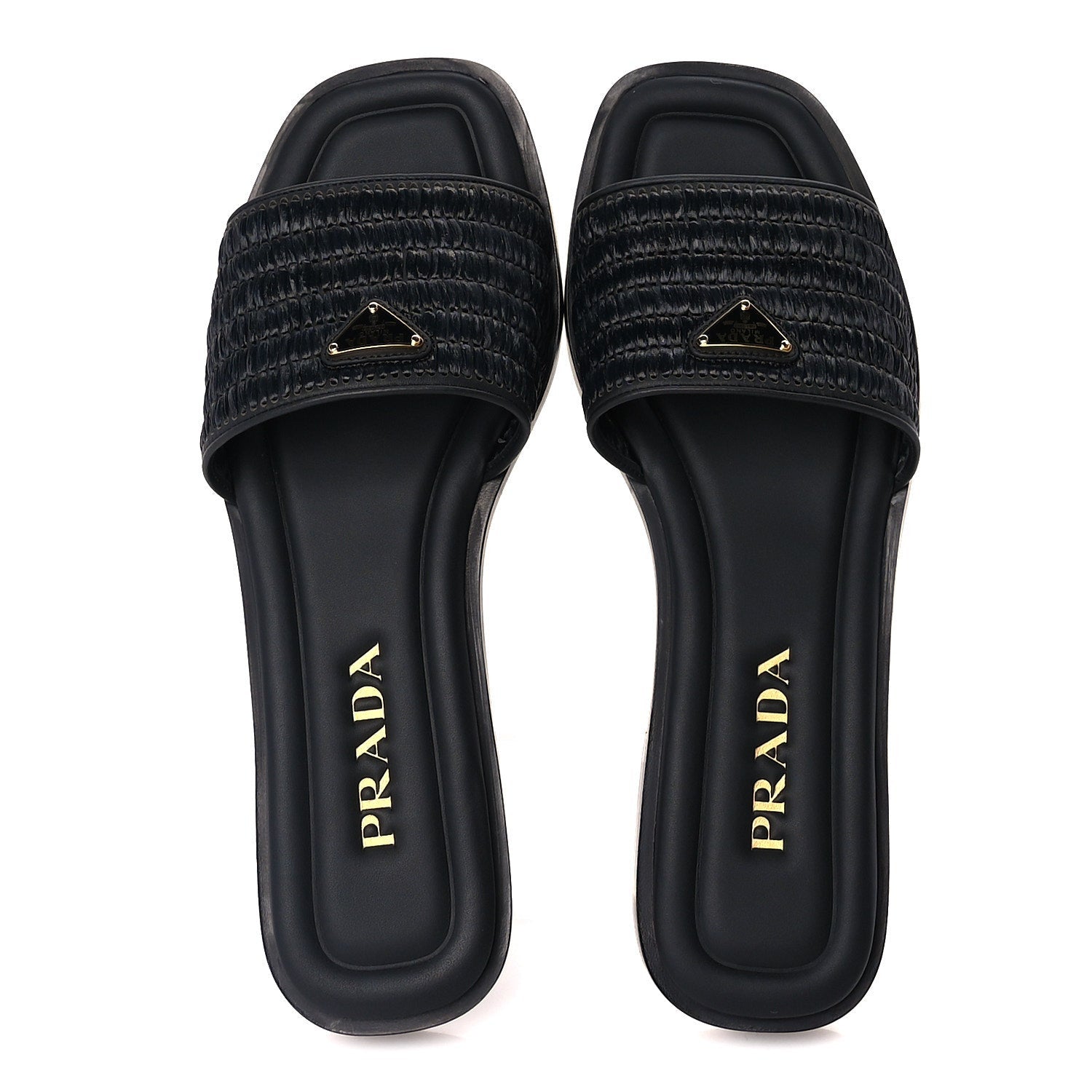 Prada Raffia Metal Triangle Logo 10mm Slide Sandals 39  Black 7 of 8